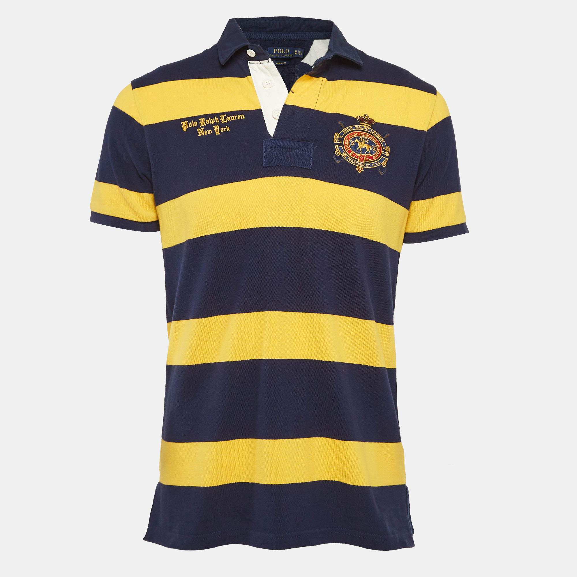 Pre Owned Polo Ralph Lauren Blue/Yellow Striped Pique Cotton Polo T-Shirt M