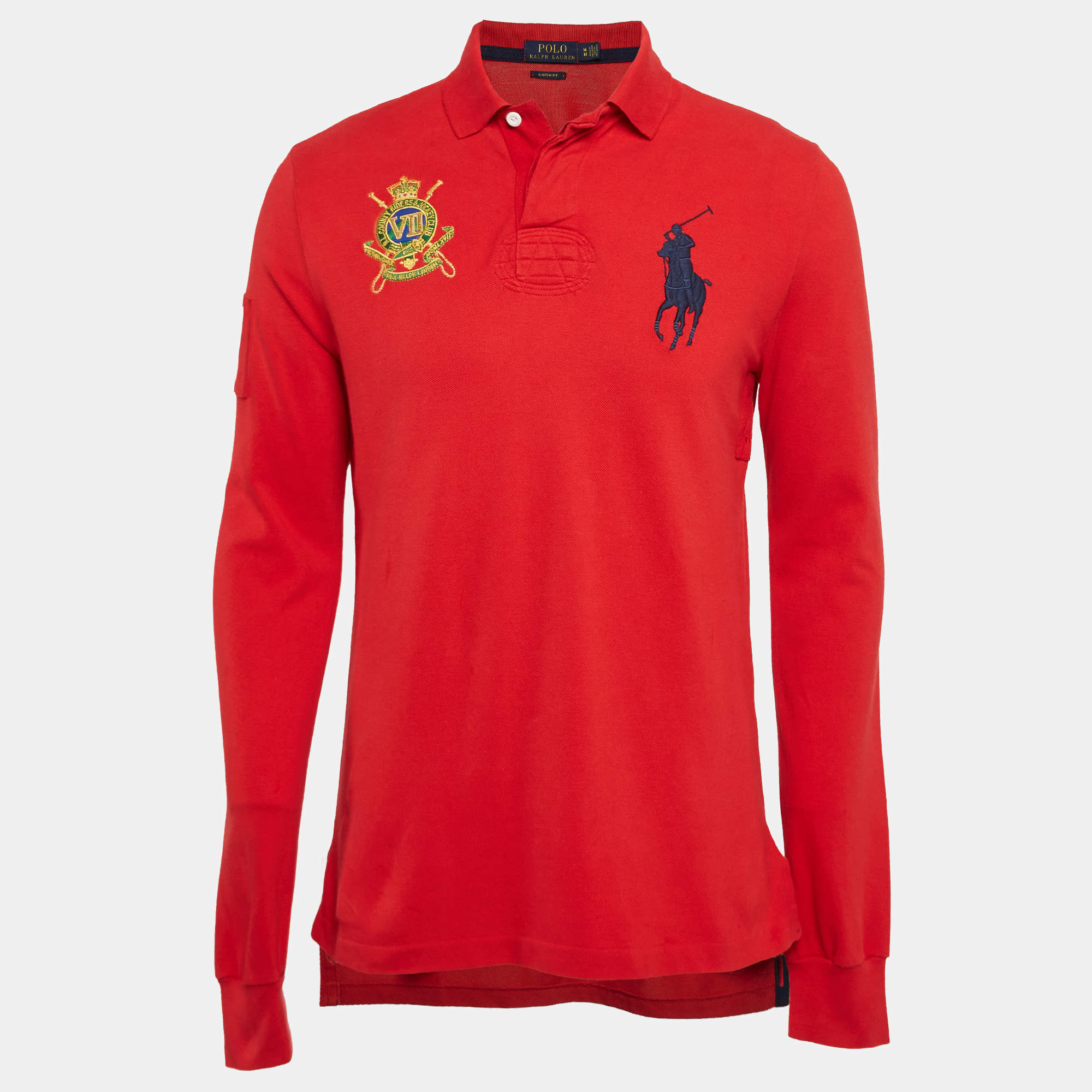 Polo Ralph Lauren Red Embroidered Pique Cotton Long Sleeve Polo T Shirt M TLC