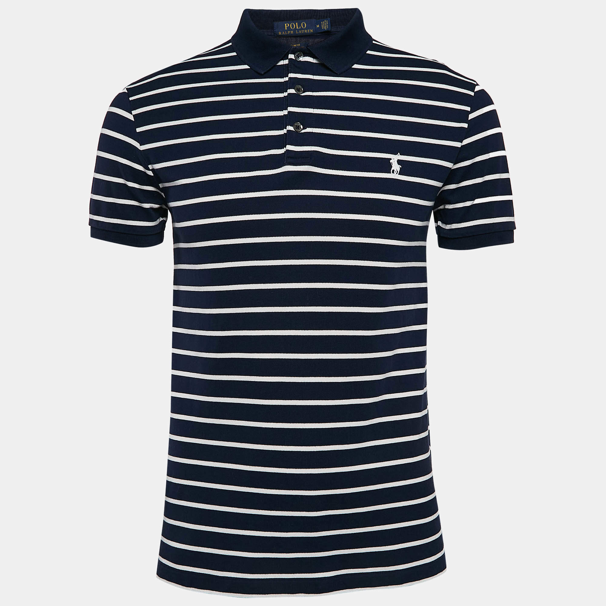 Pre Owned Polo Ralph Lauren Blue Striped Cotton Pique Polo T-Shirt M