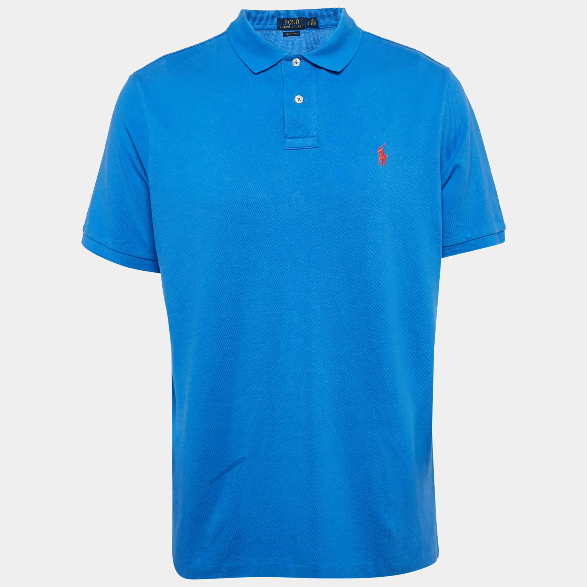 Pre Owned Polo Ralph Lauren Blue Pique Cotton Polo T-Shirt L