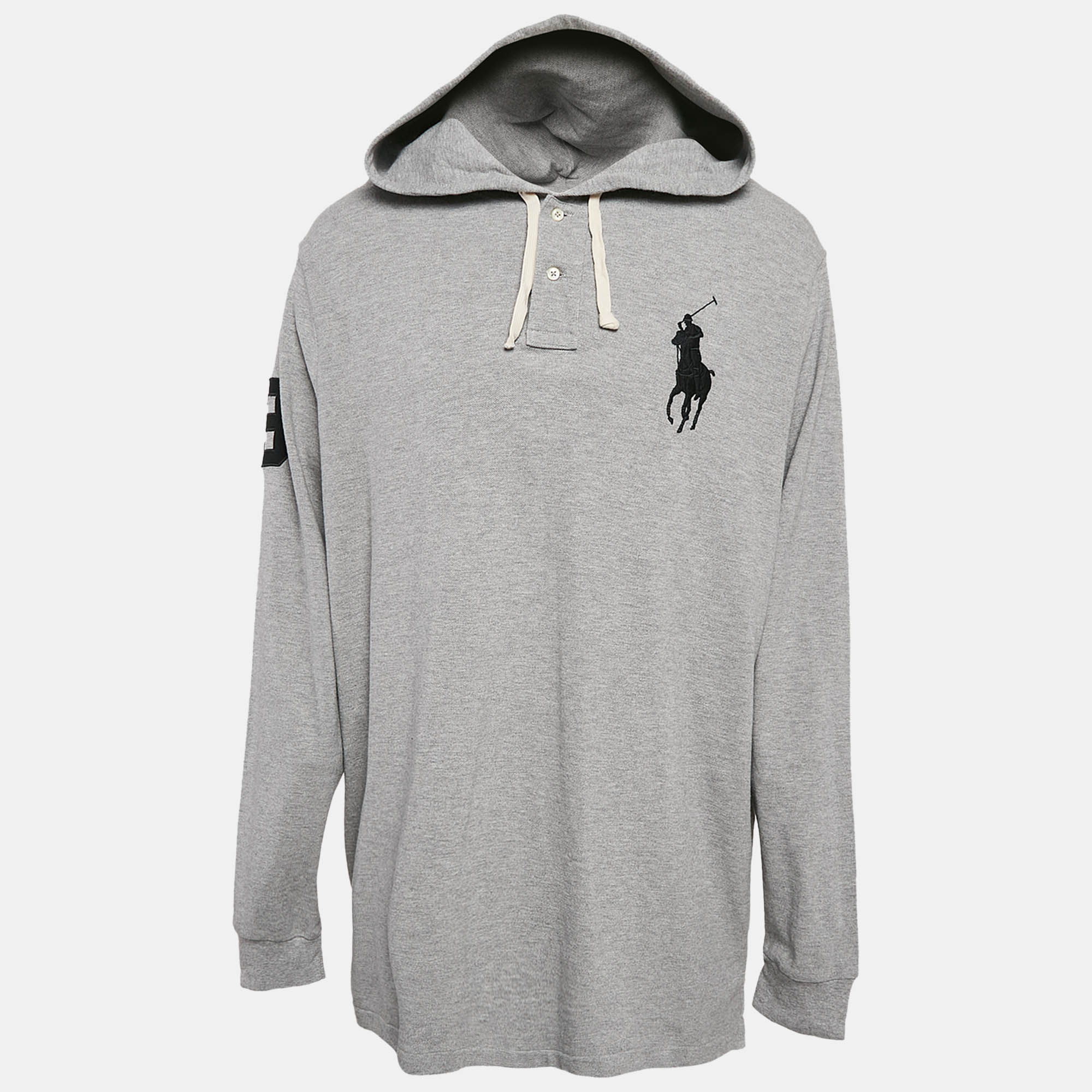 Pre Owned Polo Ralph Lauren Grey Logo Embroidery Cotton Knit Hoodie XXL