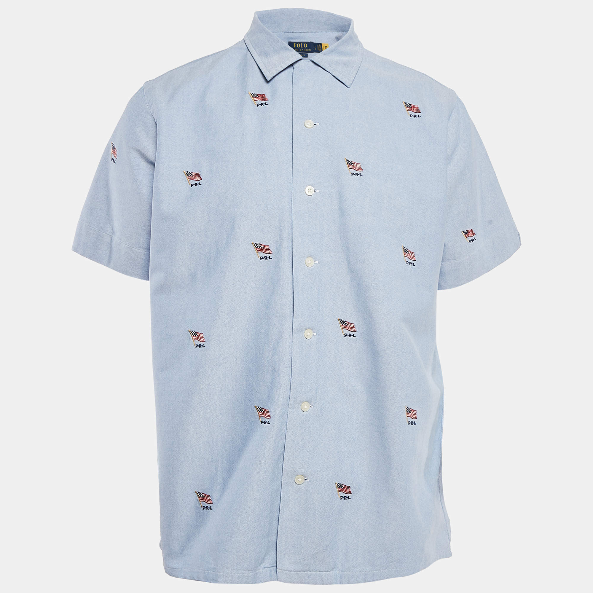 Pre Owned Polo Ralph Lauren Blue Flag Embroidered Cotton Half Sleeve Shirt L