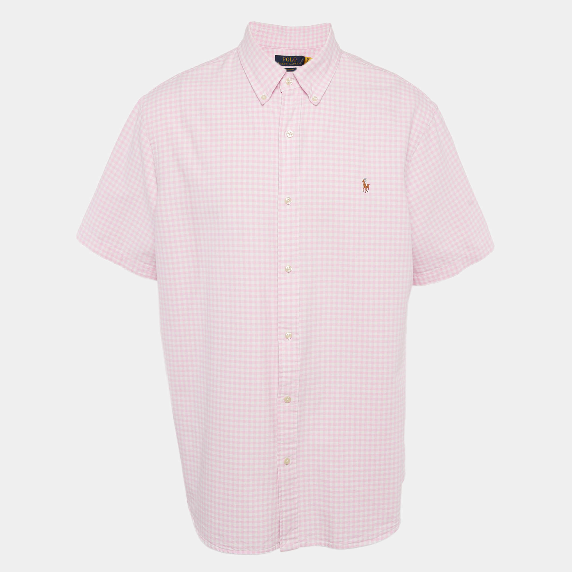 Pre Owned Polo Ralph Lauren Pink Gingham Checks Cotton Short Sleeve Shirt XXL