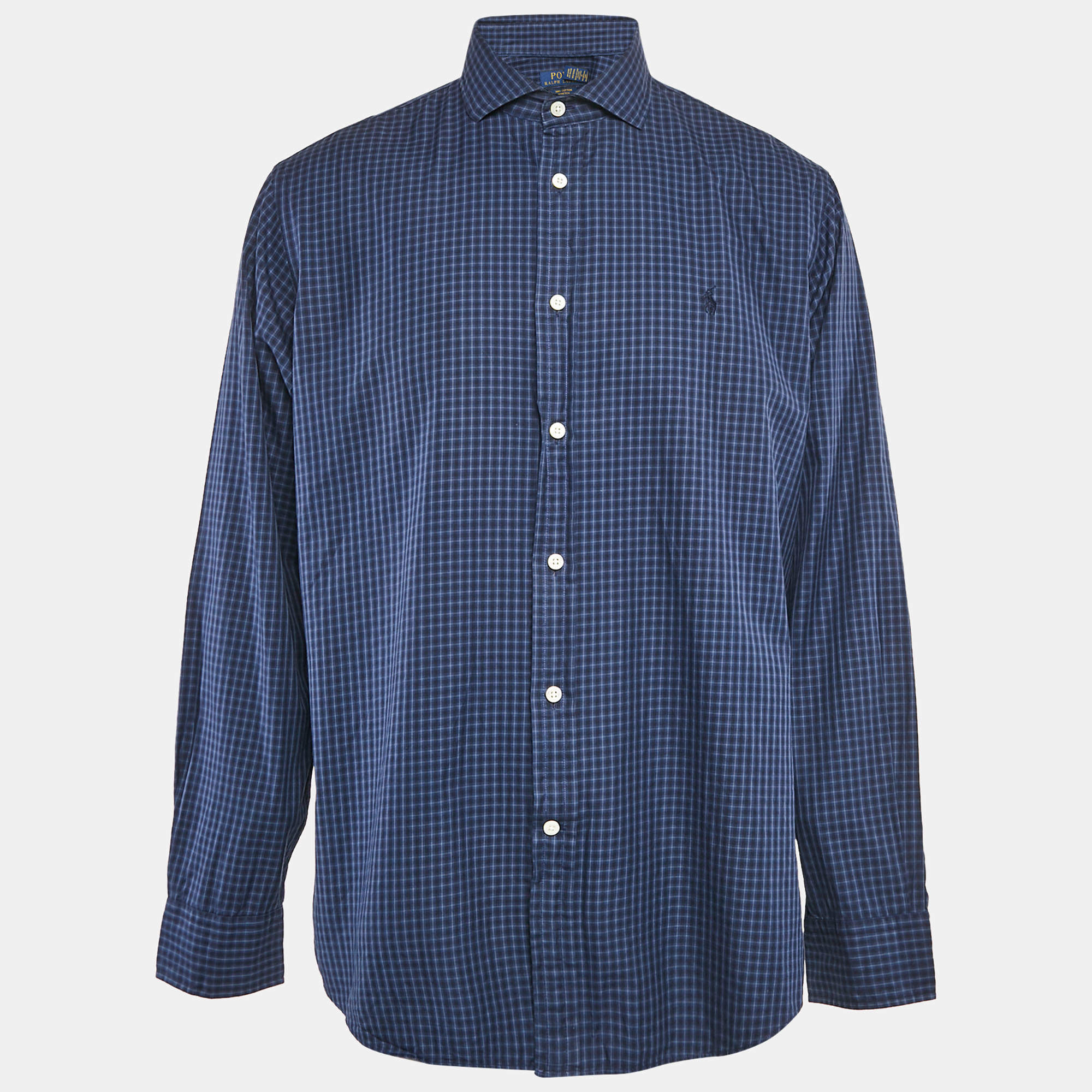 Pre Owned Polo Ralph Lauren Navy Blue Plaid Cotton Button Front Shirt XL
