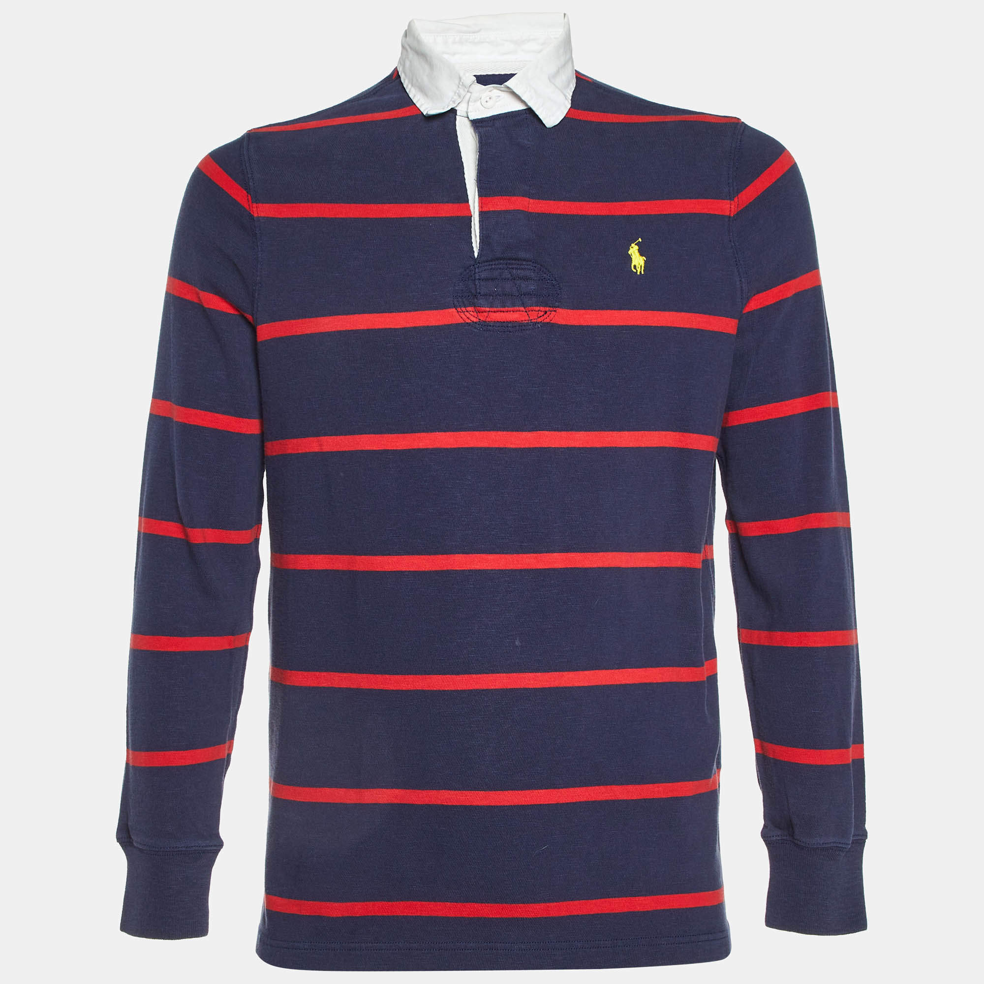 Pre Owned Polo Ralph Lauren Navy Blue Striped Cotton Polo T-Shirt M
