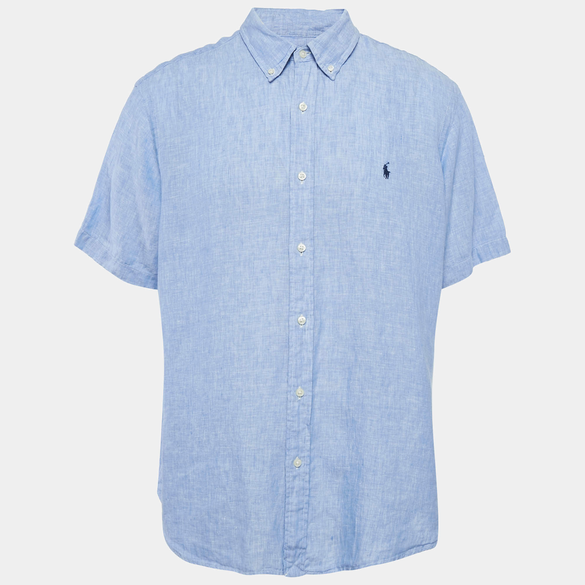 Pre Owned Polo Ralph Lauren Blue Linen Half Sleeve Button Down Classic Fit Shirt XXL
