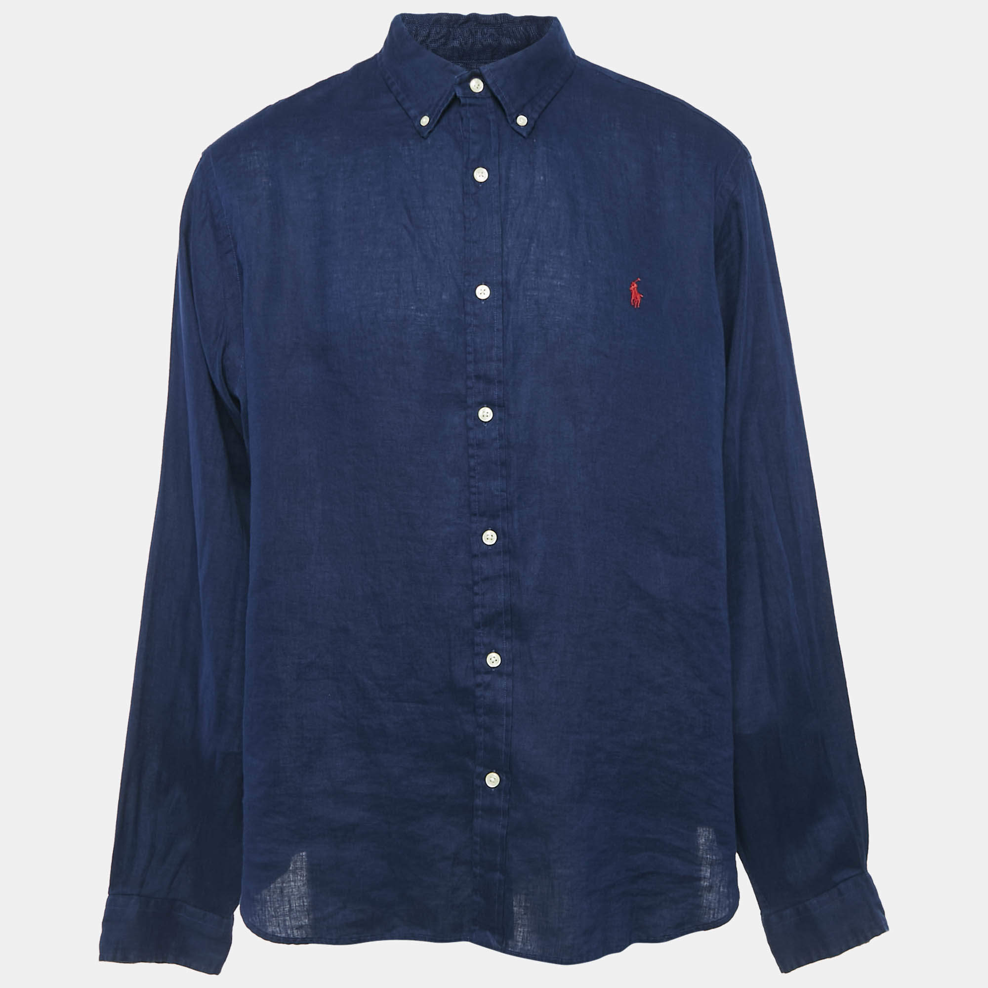 Pre Owned Polo Ralph Lauren Navy Blue Linen Button Down Full Sleeve Shirt XXL