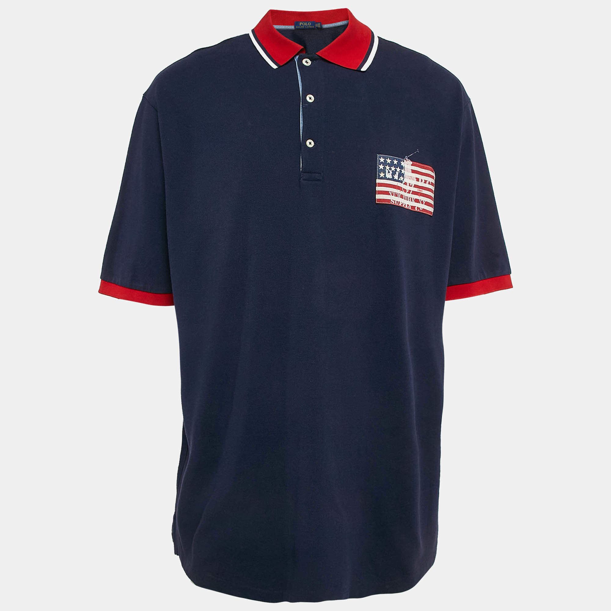 Pre Owned Polo Ralph Lauren Navy Blue Cotton Pocket Printed Polo T-Shirt XL