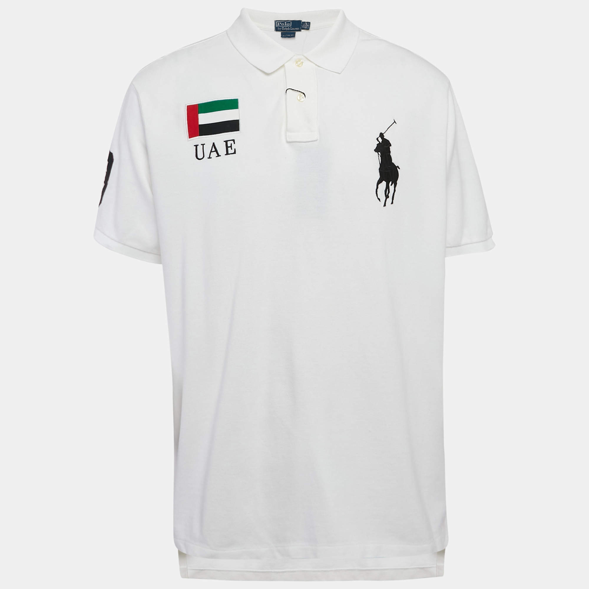 Pre Owned Polo Ralph Lauren White Applique Pique Cotton Polo T-Shirt XXL