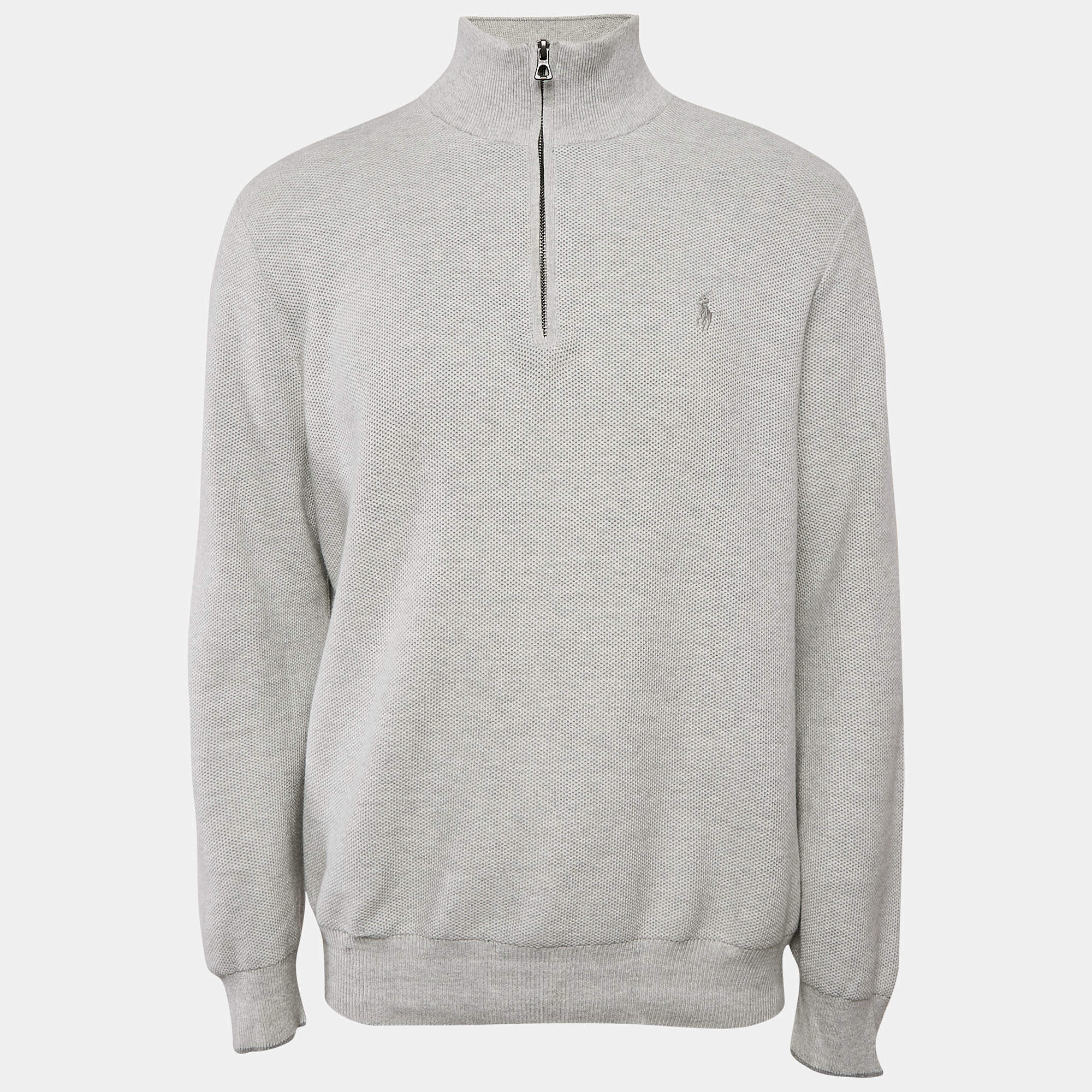 Pre Owned Polo Ralph Lauren Grey Cotton Knit half Zip Sweater L