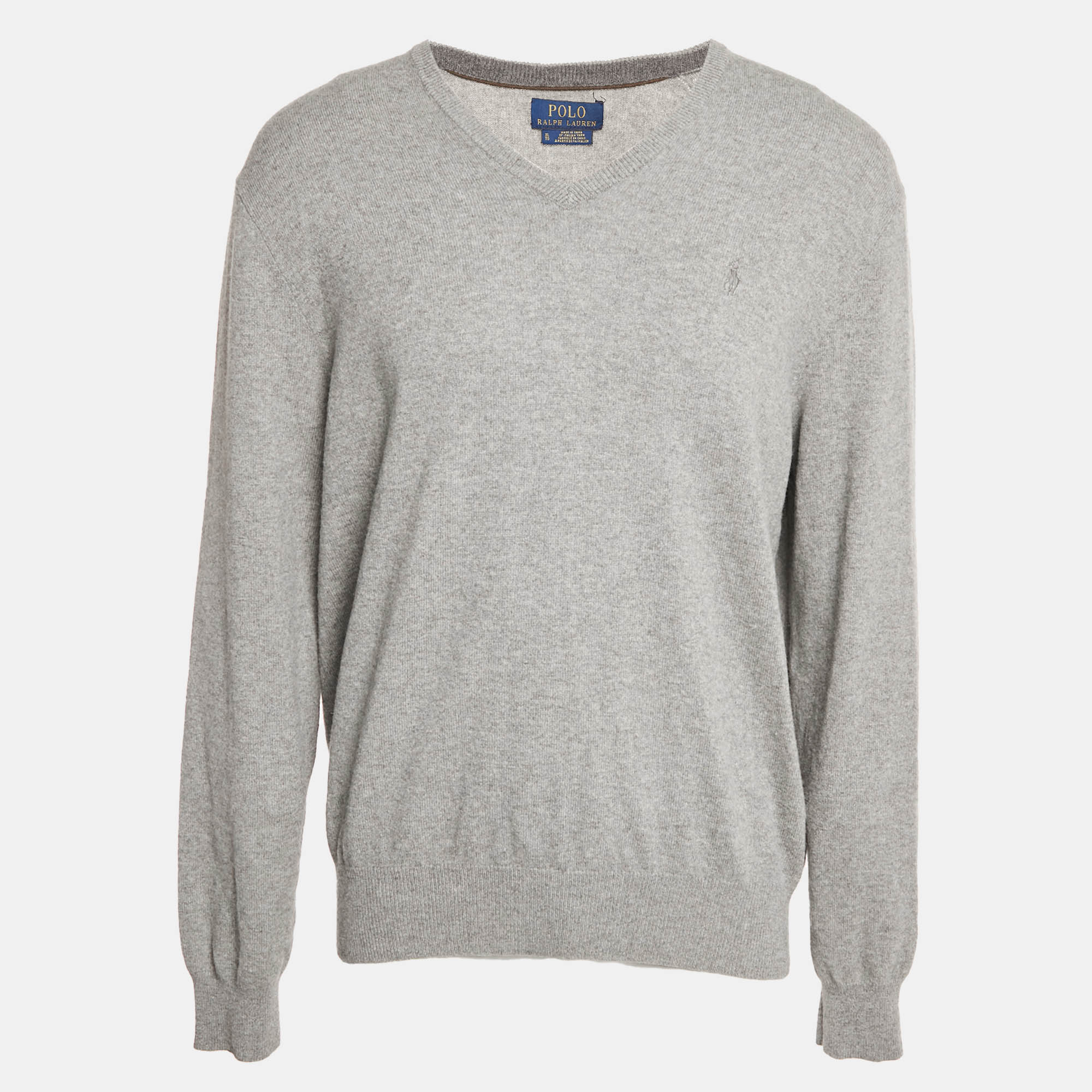 Pre Owned Polo Ralph Lauren Grey Wool Knit V-Neck Sweater XL