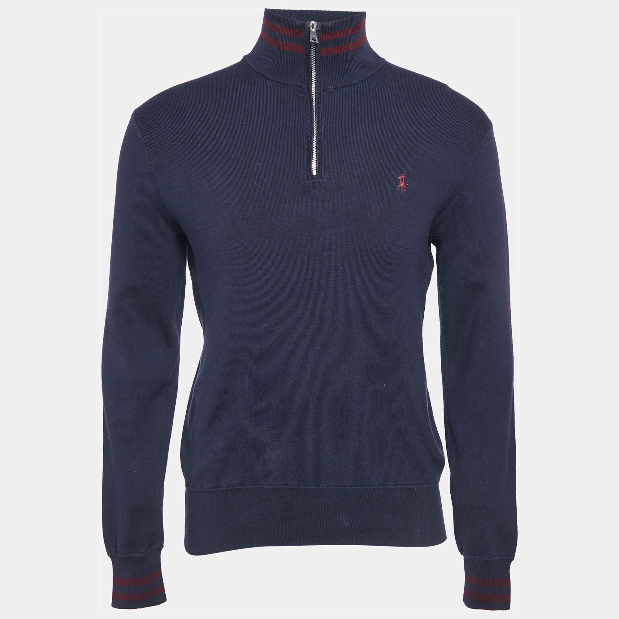 Pre Owned Polo Ralph Lauren Navy Blue Cotton Knit Half-Zip Sweater M