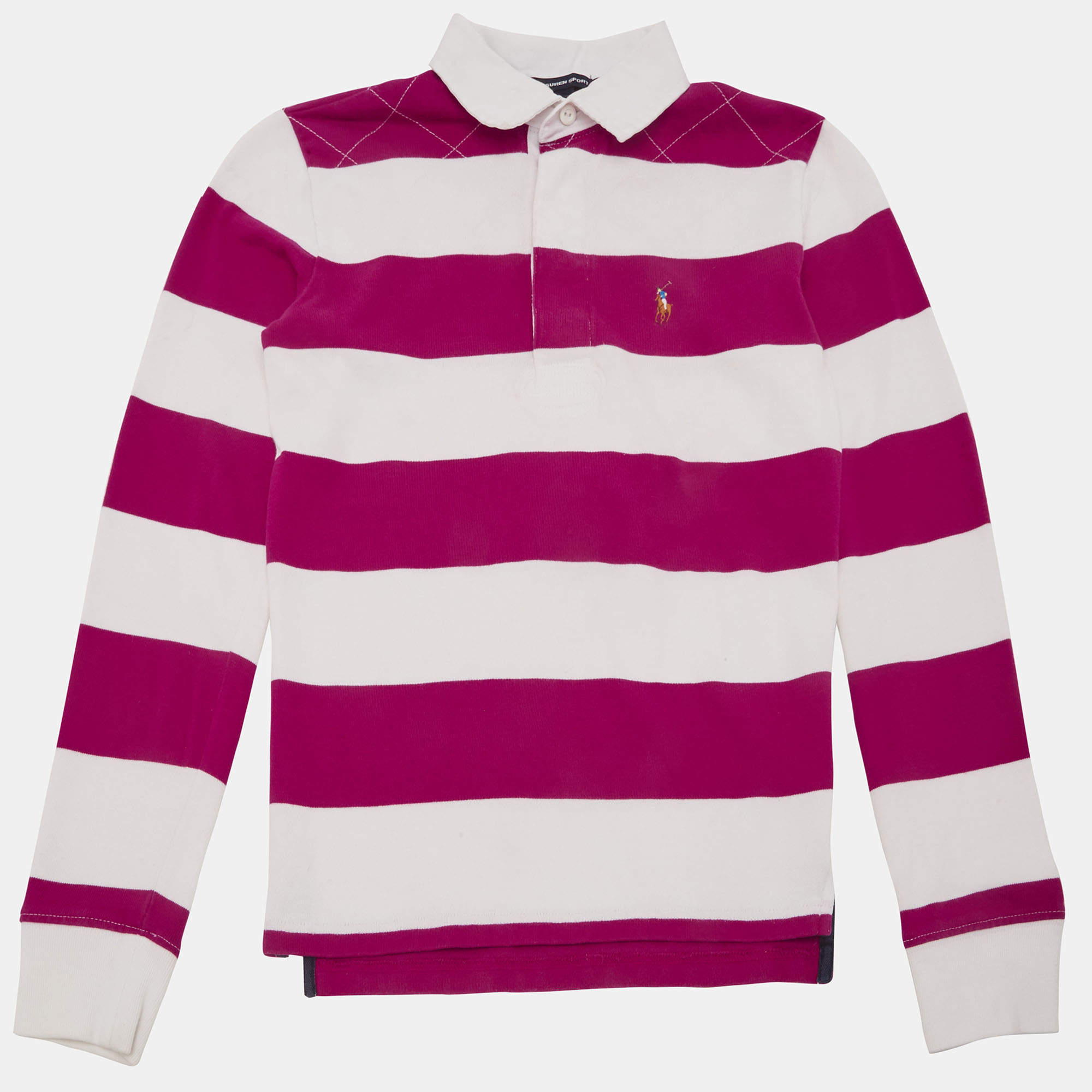 Pre Owned Ralph Lauren Sport Pink/White Striped Jersey Long Sleeve Polo T-Shirt S