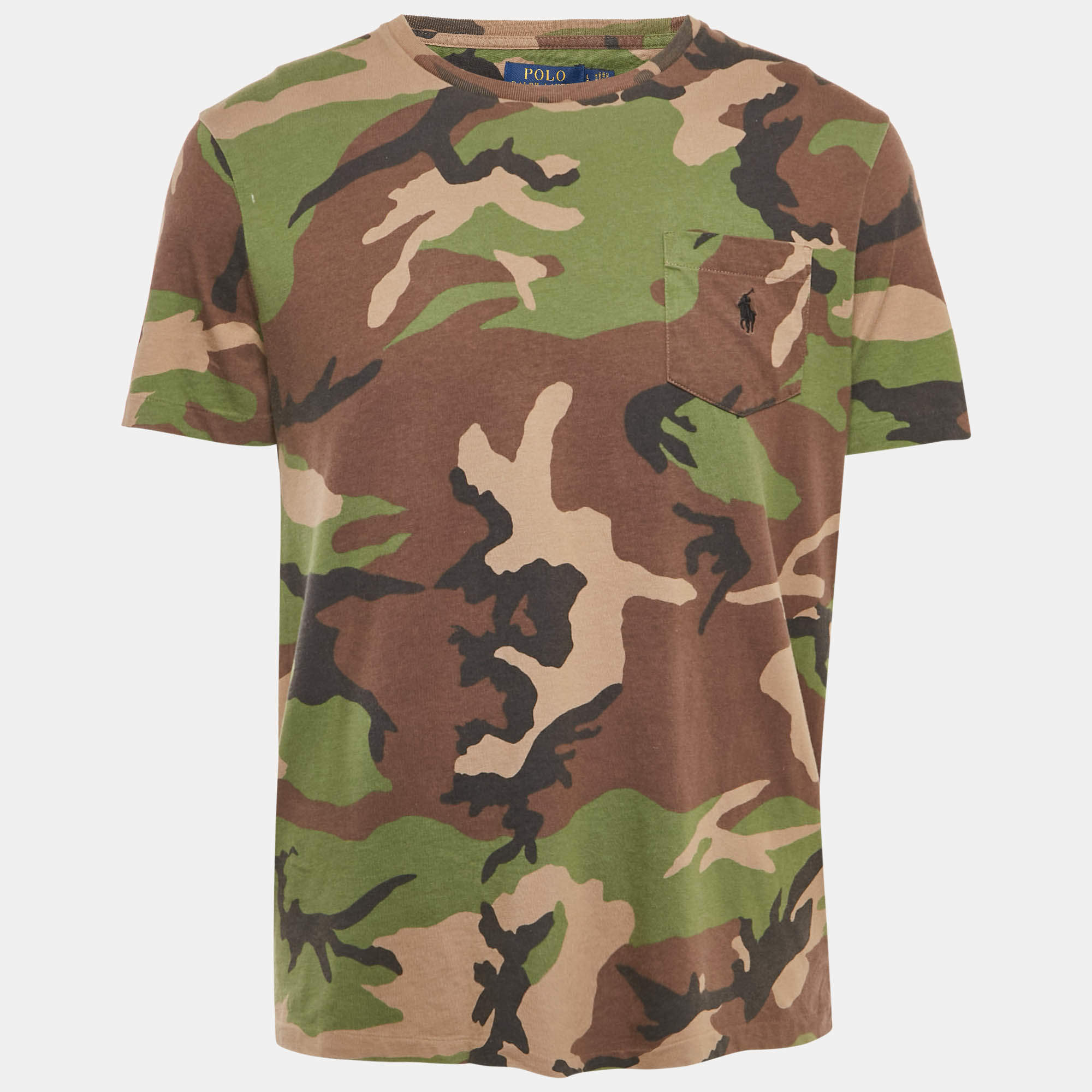 Pre Owned Polo Ralph Lauren Green/Multicolor Camouflage Print Crew Neck T-Shirt L