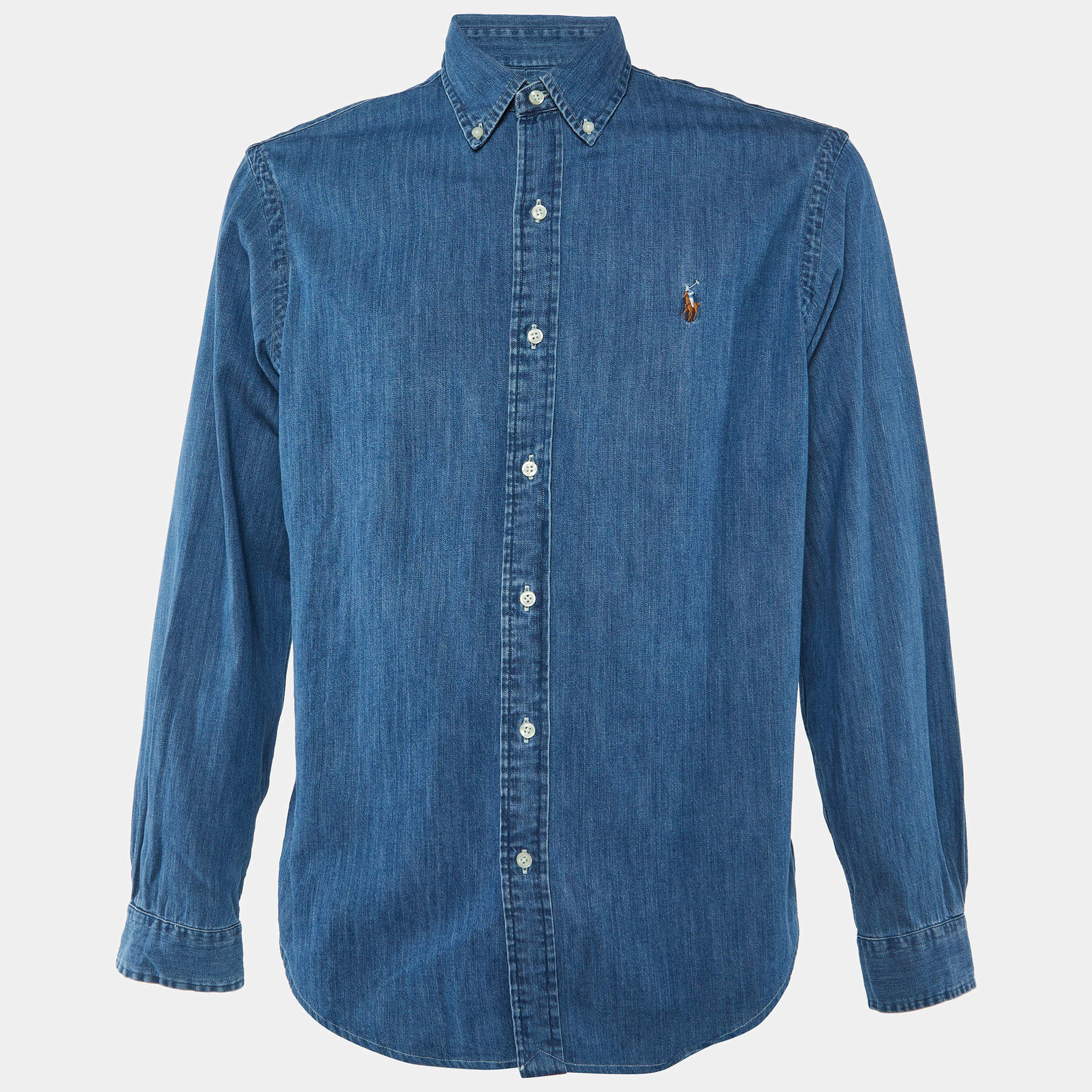 Pre Owned قميص بولو رالف لورين دينيم أزرق بأزرار أمامية مقاس كبير