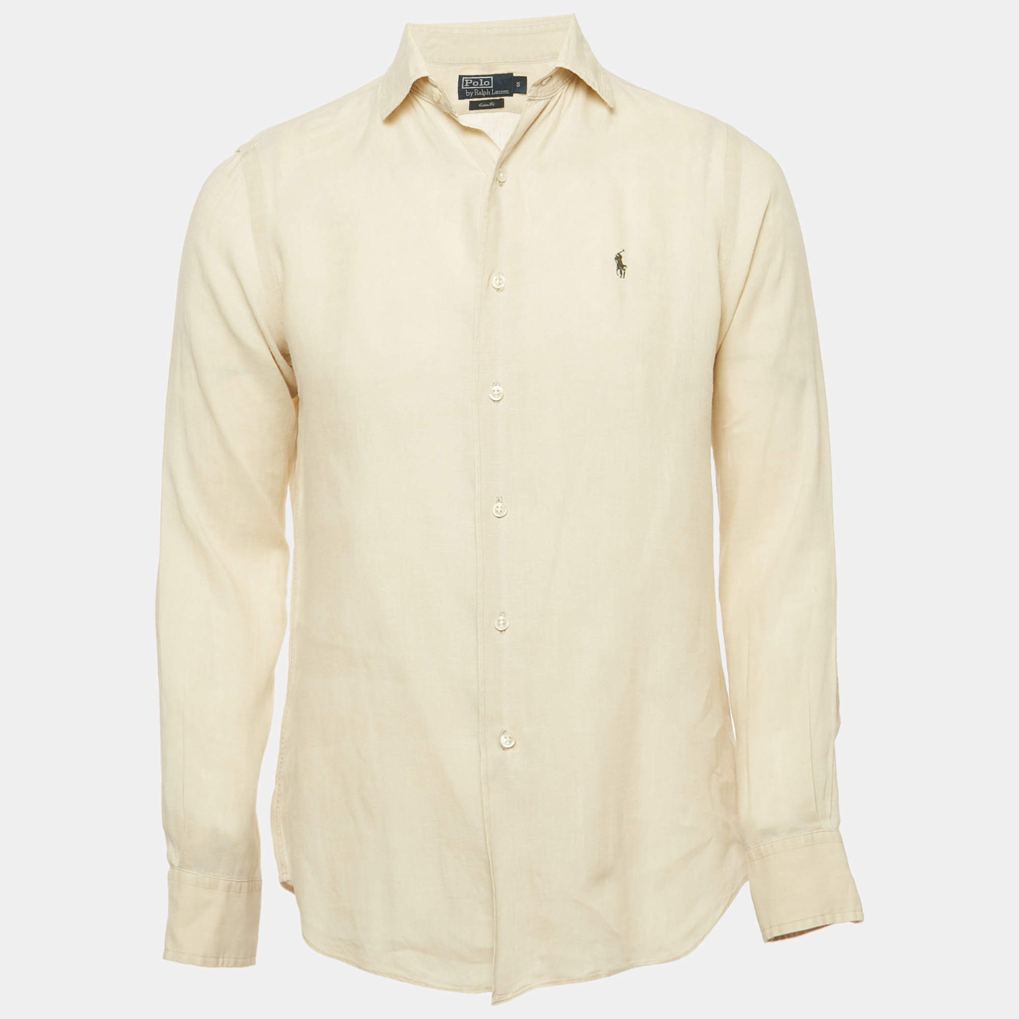 Pre Owned Polo Ralph Lauren Cream Logo  Embroidered  Linen Custom Fit Shirt S