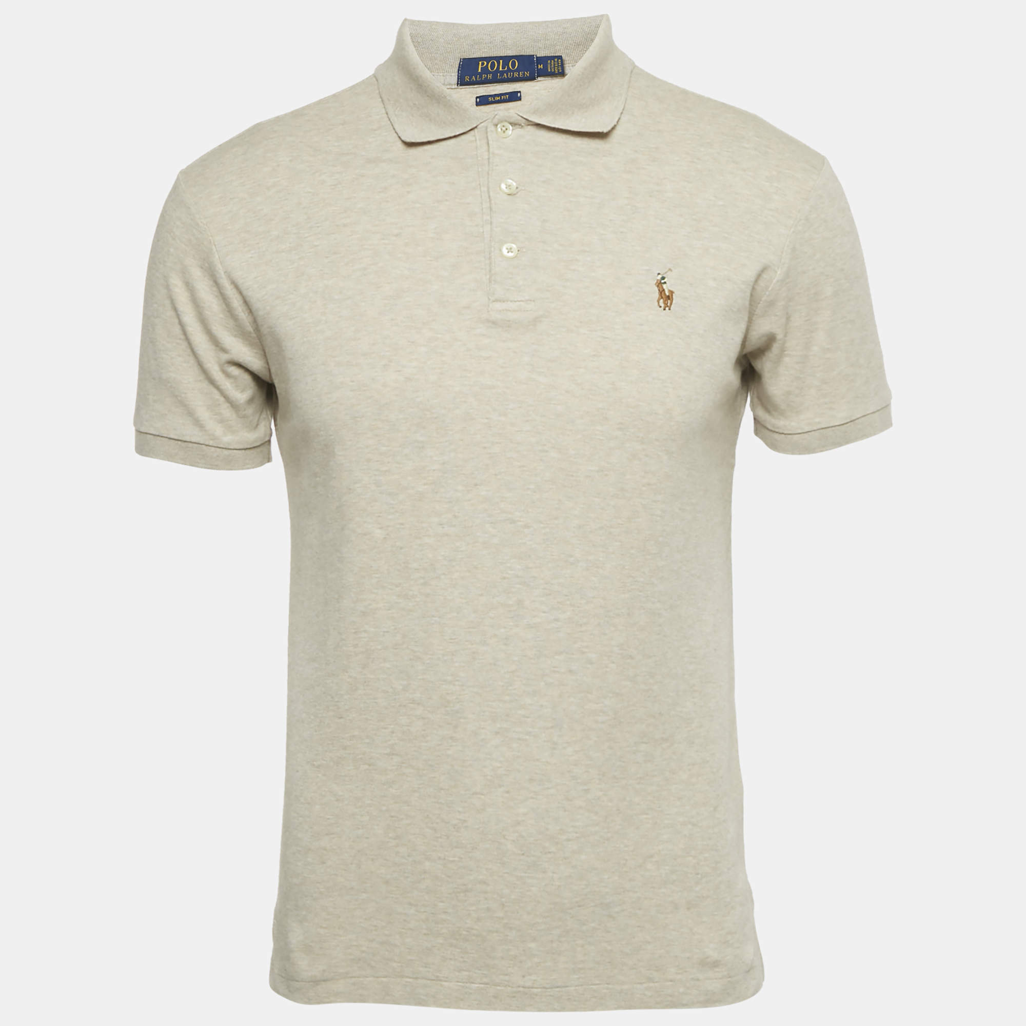 Pre Owned Polo Ralph Lauren Beige Mélange Logo Embroidered Cotton Polo T-Shirt M