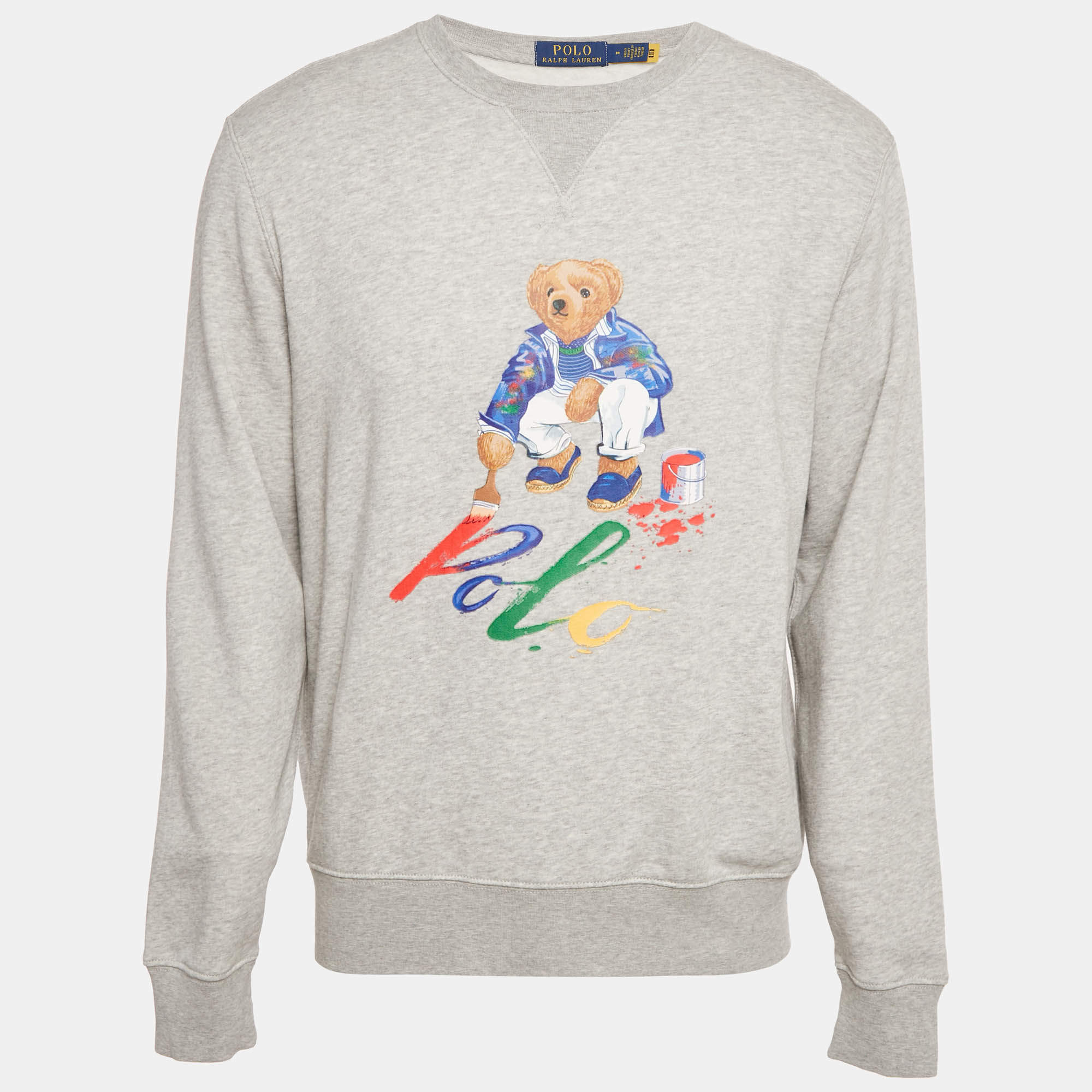 Pre Owned سويت شيرت بولو رالف لورين قطن مزيج بطبعة الدب رمادي مقاس متوسط - ميديم