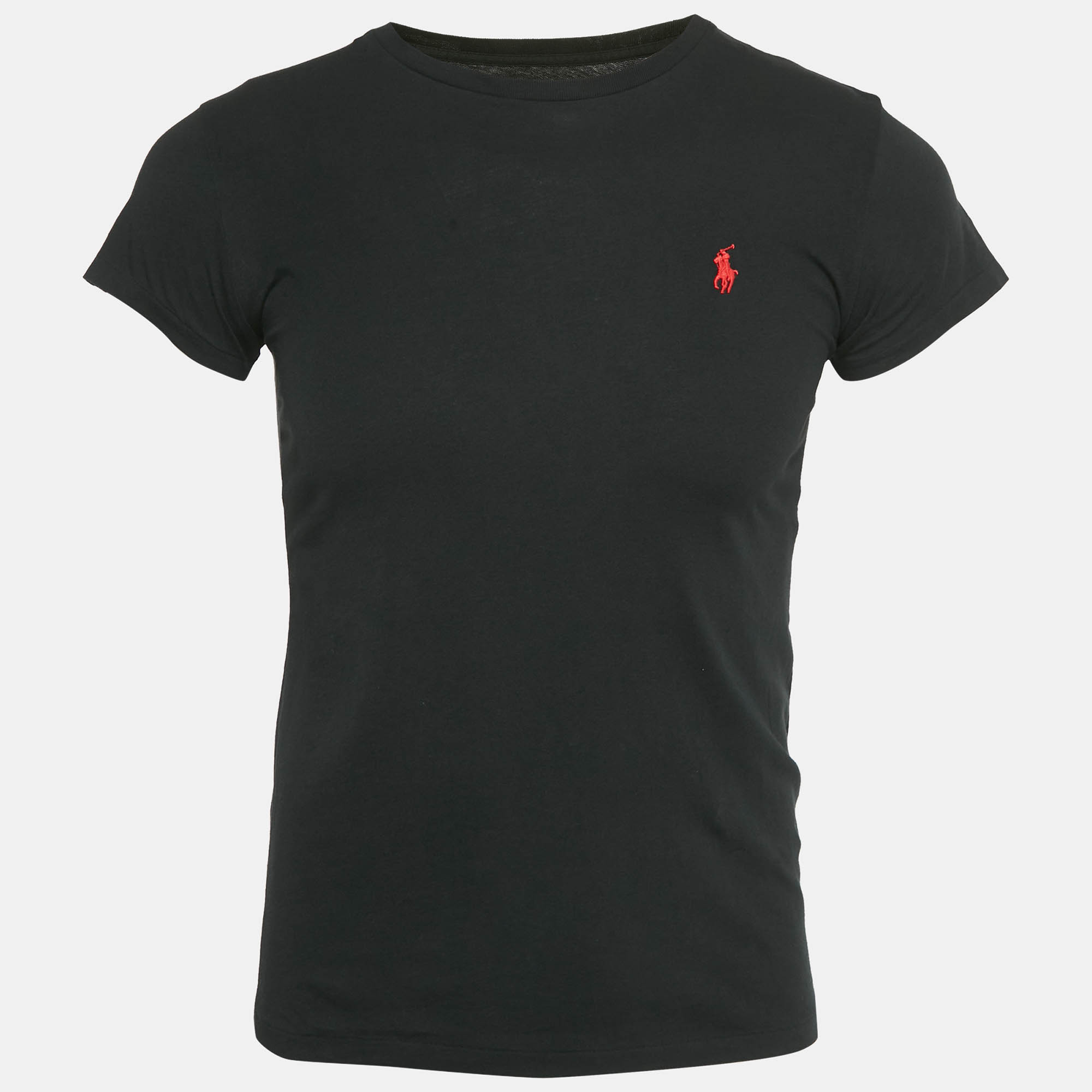 Pre Owned Polo Ralph Lauren Black Logo Embroidered Cotton Crewneck T-Shirt M