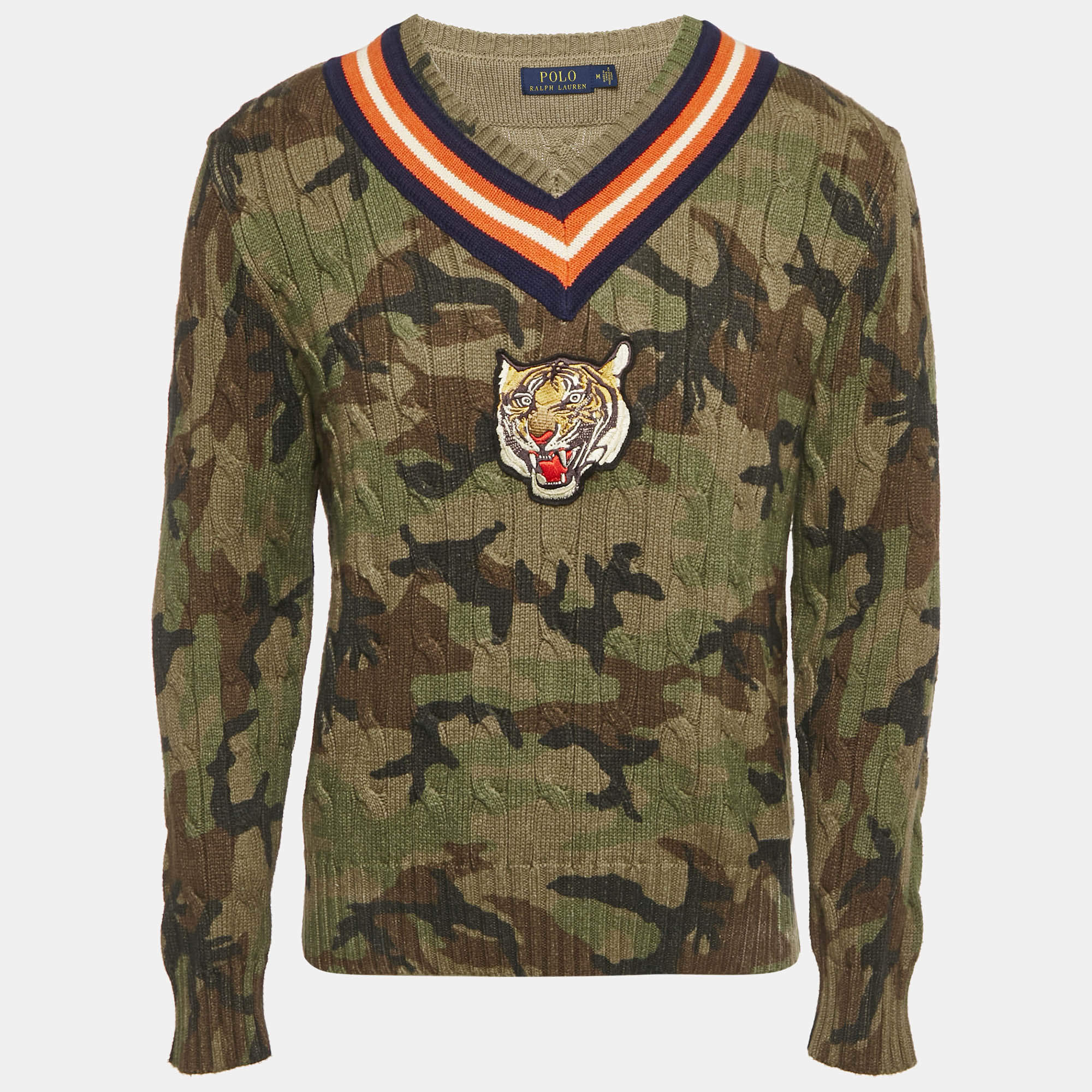 Pre Owned Polo Ralph Lauren Green Camouflage Tiger Applique Knit Pullover M