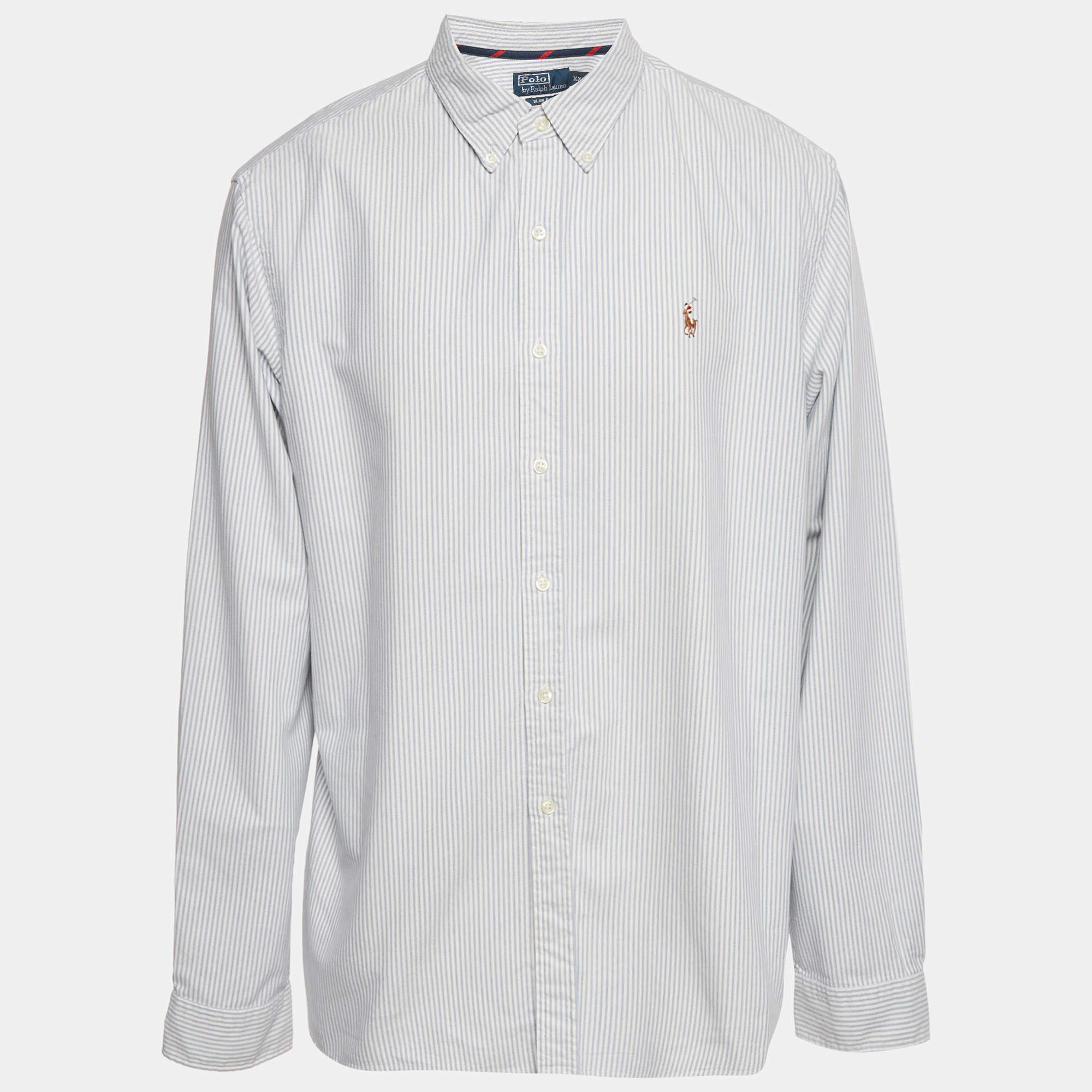 Pre Owned Polo Ralph Lauren White /Blue Striped Cotton Slim Fit Shirt XXL