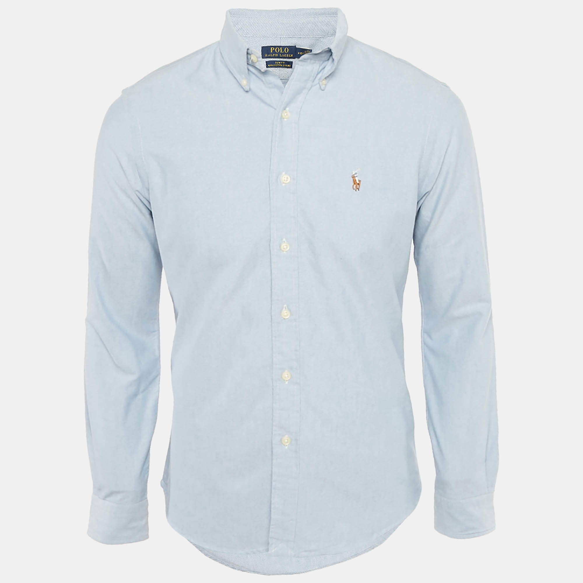 Pre Owned قميص بولو من رالف لورين قطن مخطط وردي بقصة ضيقة وأزرار أمامية مقاس متوسط (ميديوم)