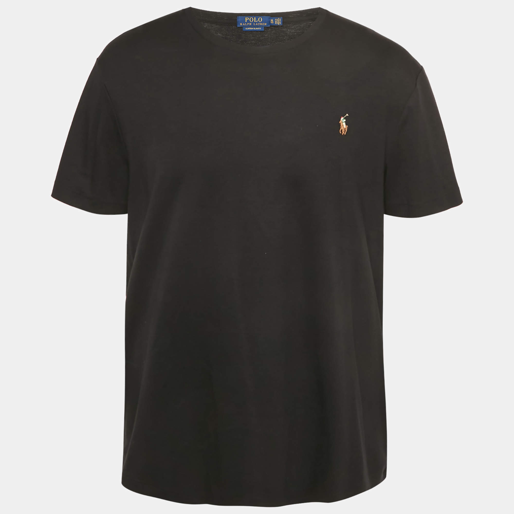 مملوكة مسبقًا تي شيرت بولو رالف لورين كوتون مطرز بشعار أزرق بقصة مخصصة ضيقة مقاس وسط