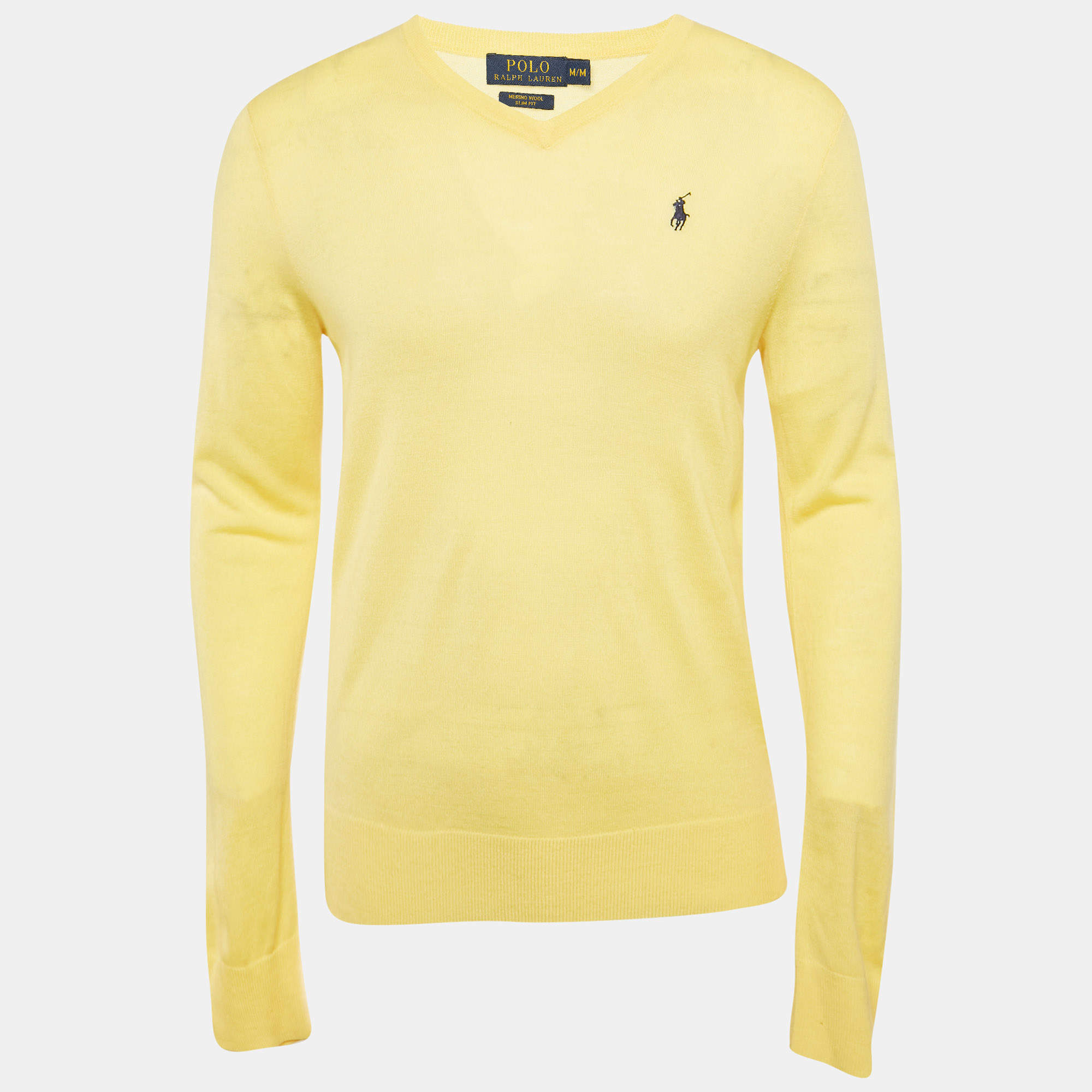 مملوكة مسبقًا Polo Ralph Lauren Yellow Logo Embroidered Wool Knit Sweater M