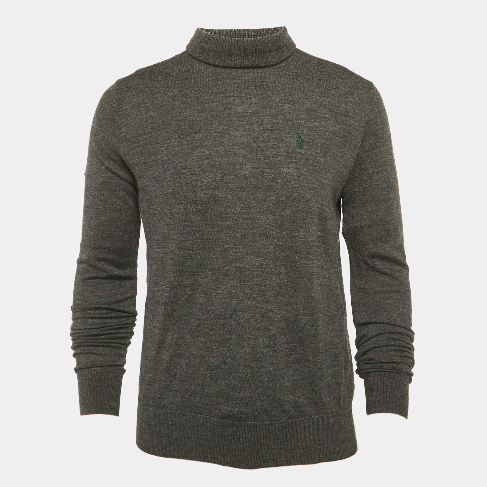 Pre Owned بلوفر بولو رالف لورين تريكوت صوفي رمادي برقبة عالية مقاس كبير - لارج