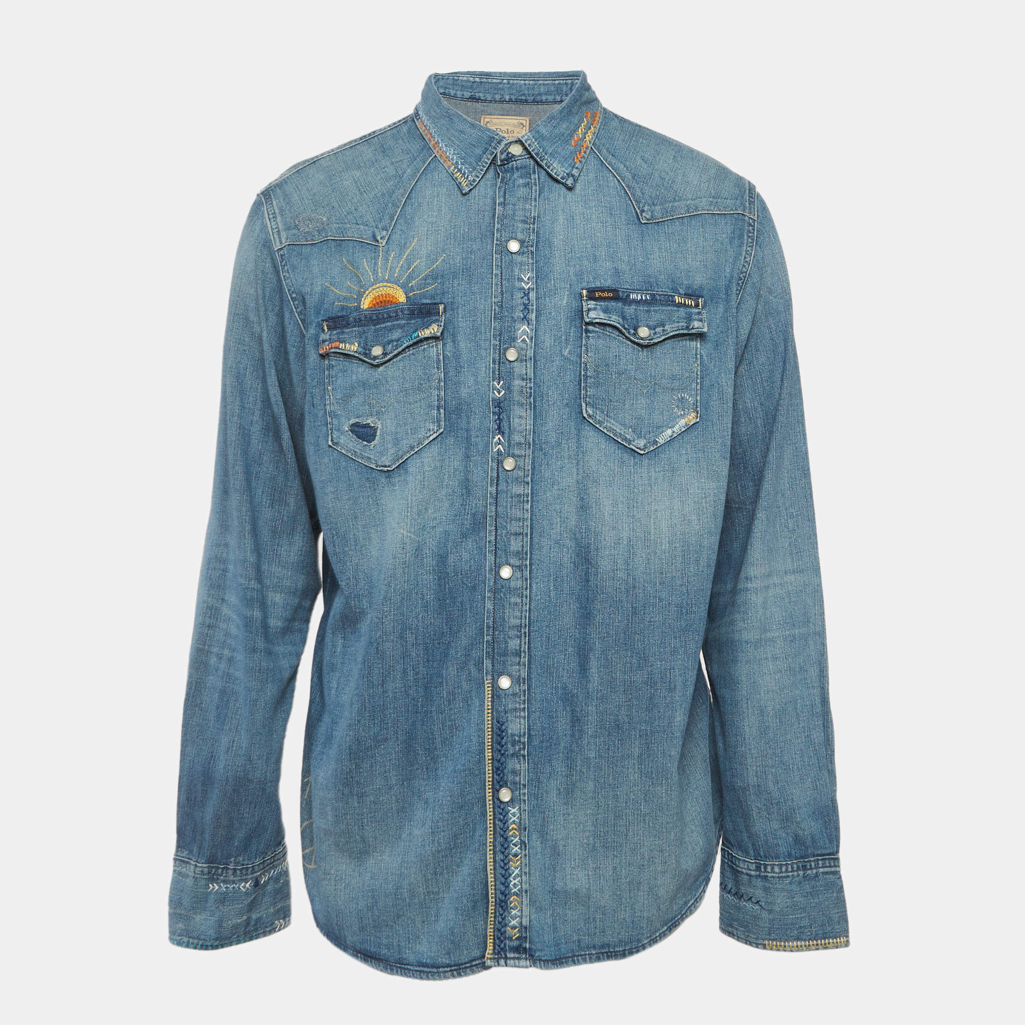 Pre Owned Polo Ralph Lauren Blue Embroidered Denim Shirt L