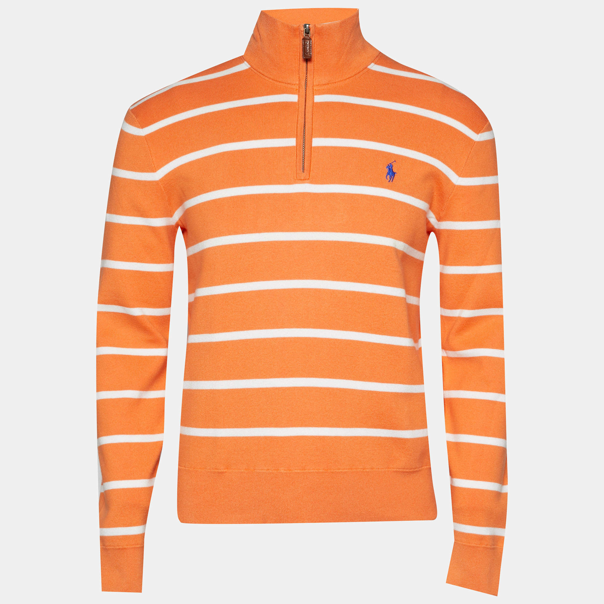 Pre Owned تي شيرت سحاب أمامي حياكة قطن مقلم برتقالي بولو رالف لورين مقاس متوسط