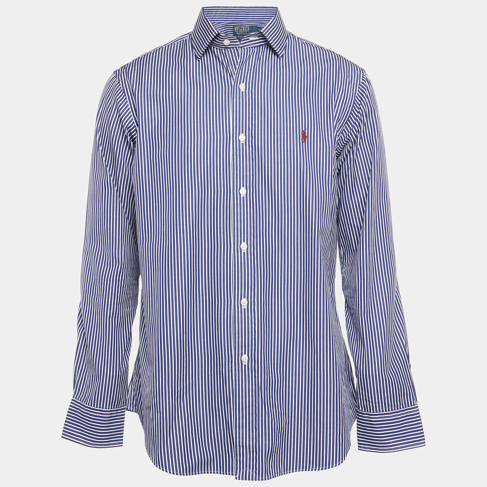 Pre Owned Polo Ralph Lauren Blue Striped Cotton Custom Fit Shirt XL