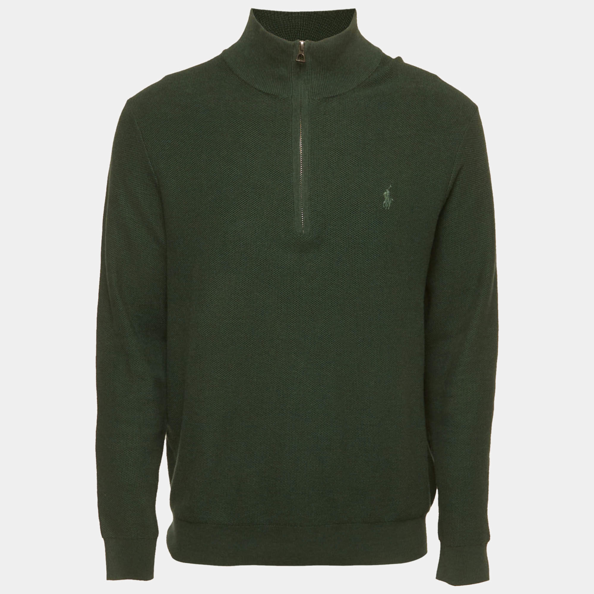 مملوكة مسبقًا Polo Ralph Lauren Green Mesh Knit Cotton Quarter Zip Sweater L