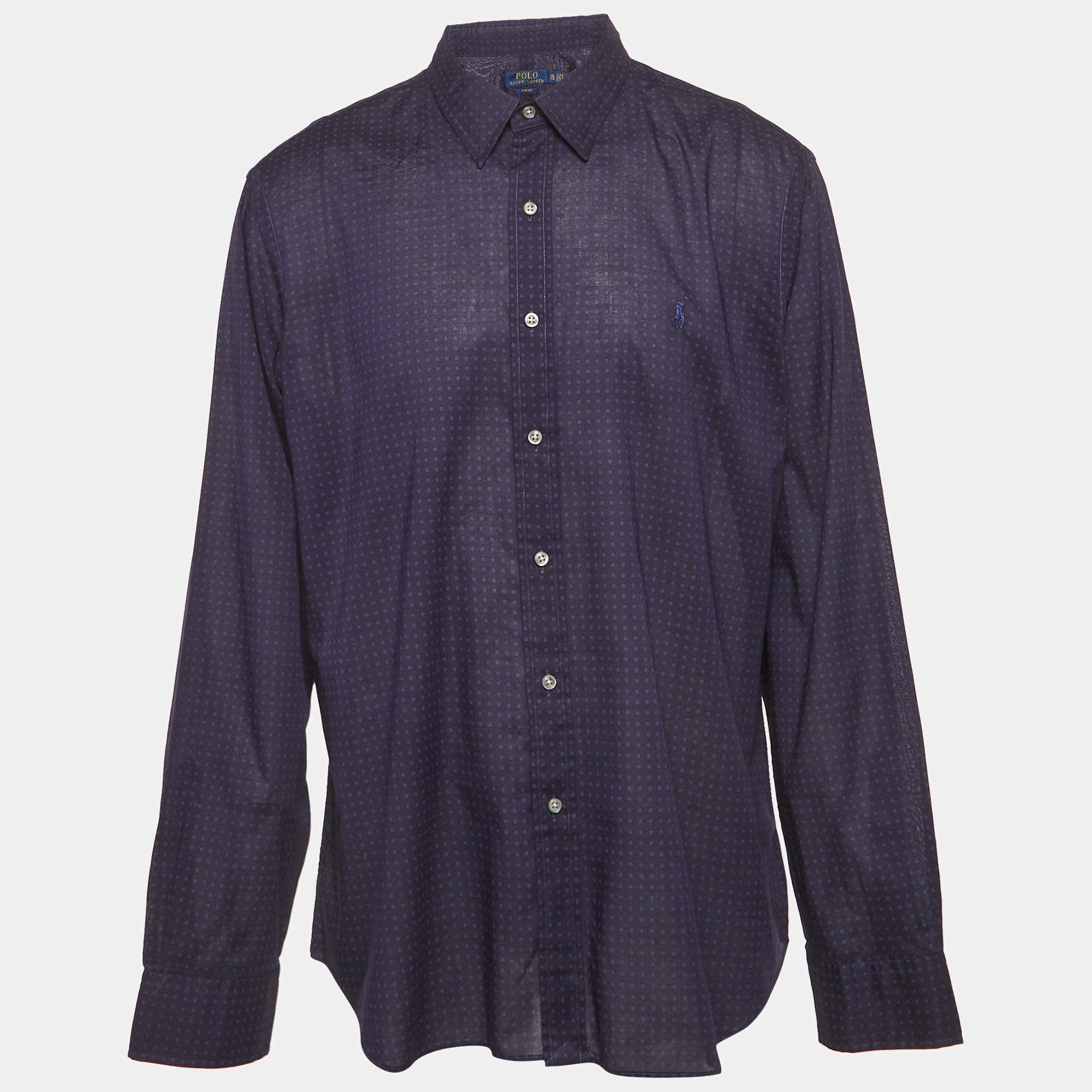 Pre Owned قميص بولو رالف لورين قطني مطبوع أزرق بقصة ضيقة مقاس كبير جدًا - إكس إكس لارج