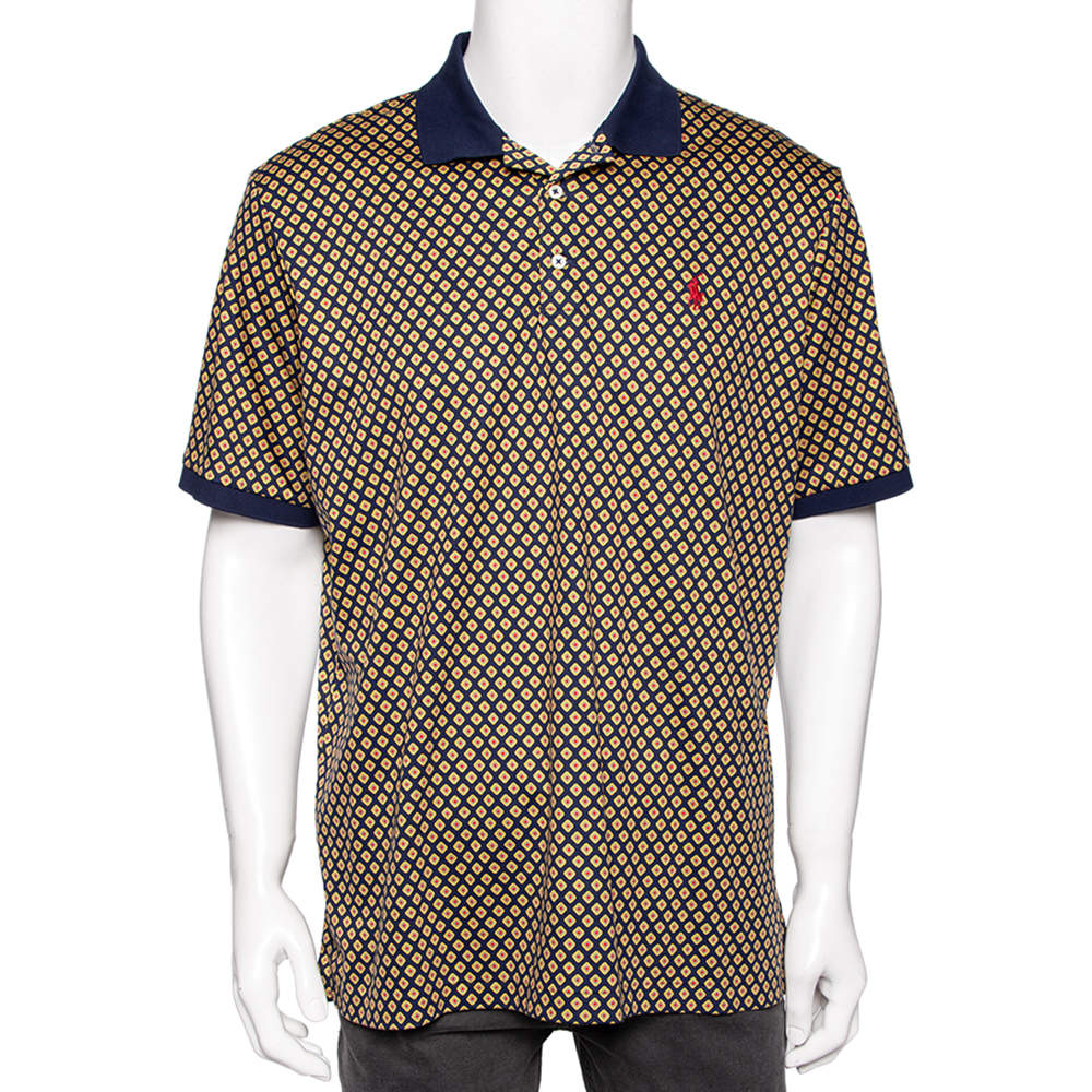 Pre Owned Polo Ralph Lauren Navy Blue Printed Cotton Pique Classic Fit Polo T-Shirt L