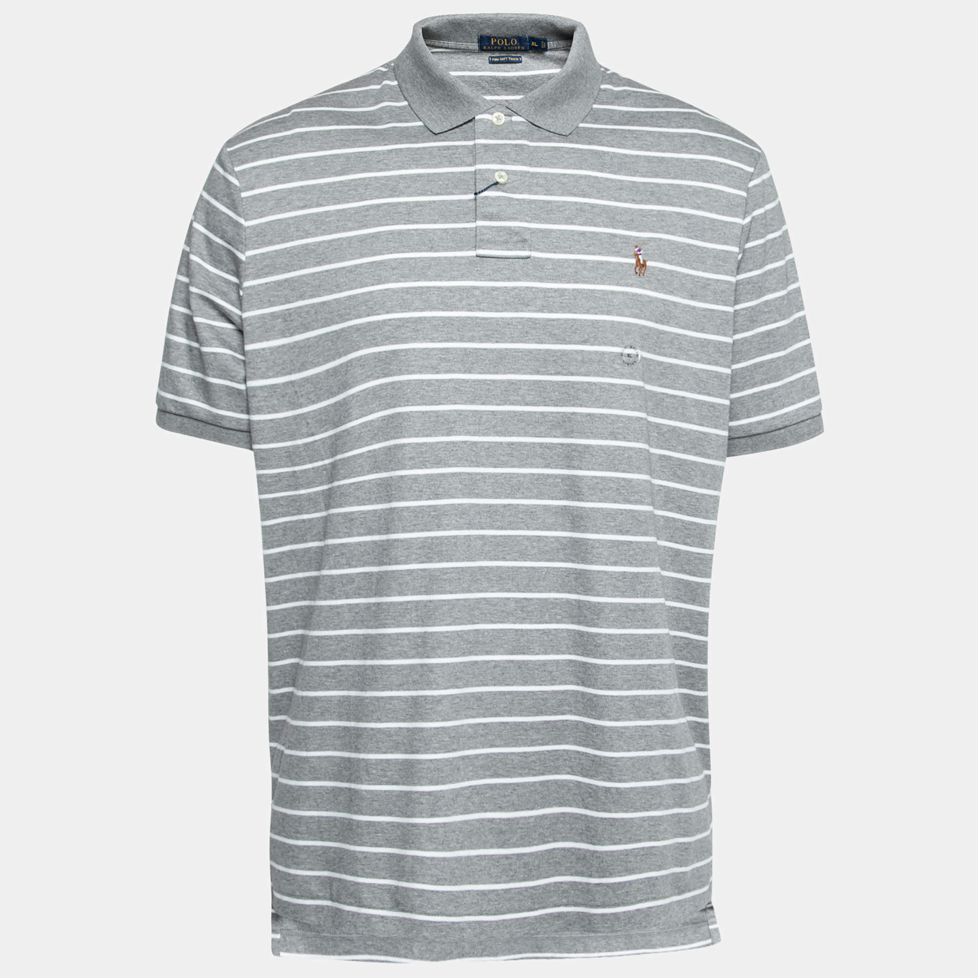 Pre Owned Polo Ralph Lauren Grey and White Stripped  Cotton Polo T-Shirts XL
