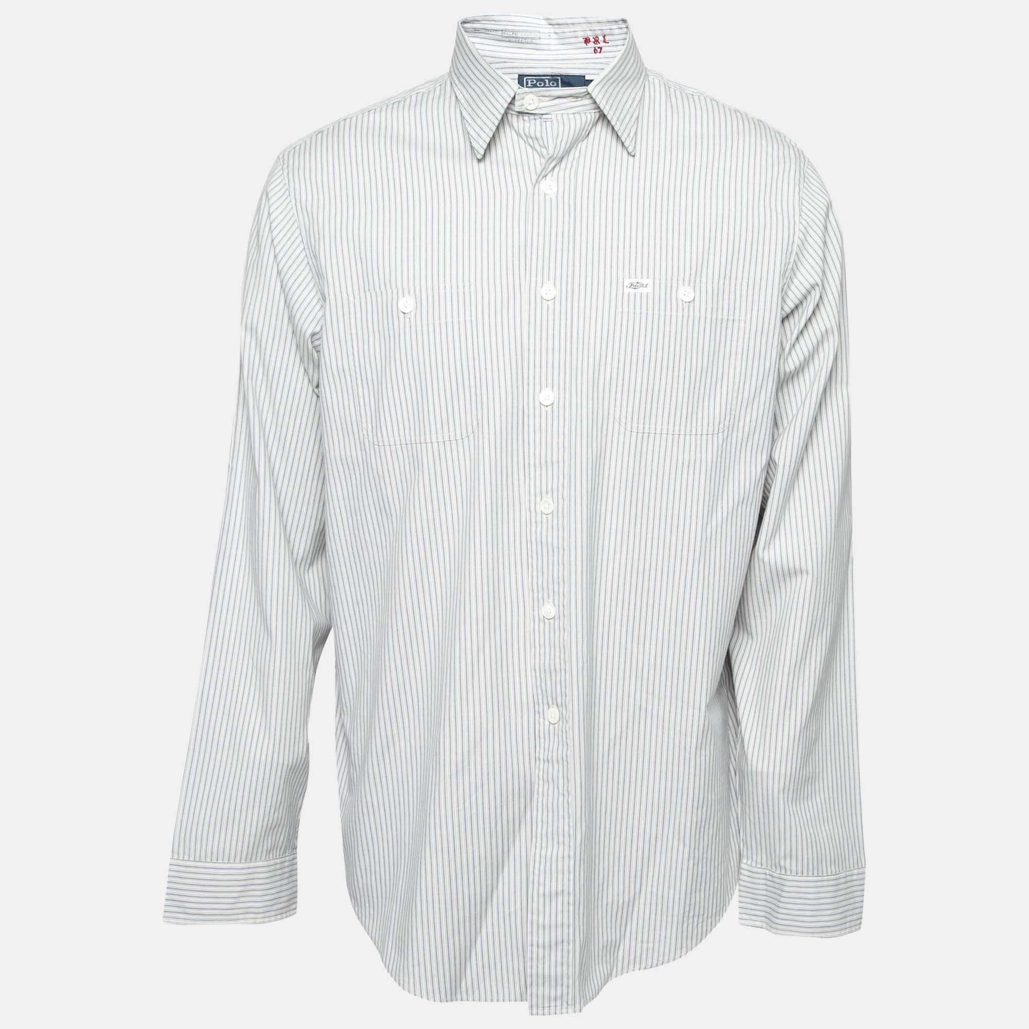 Pre Owned Polo Ralph Lauren Blue Striped Cotton Button Front Shirt L