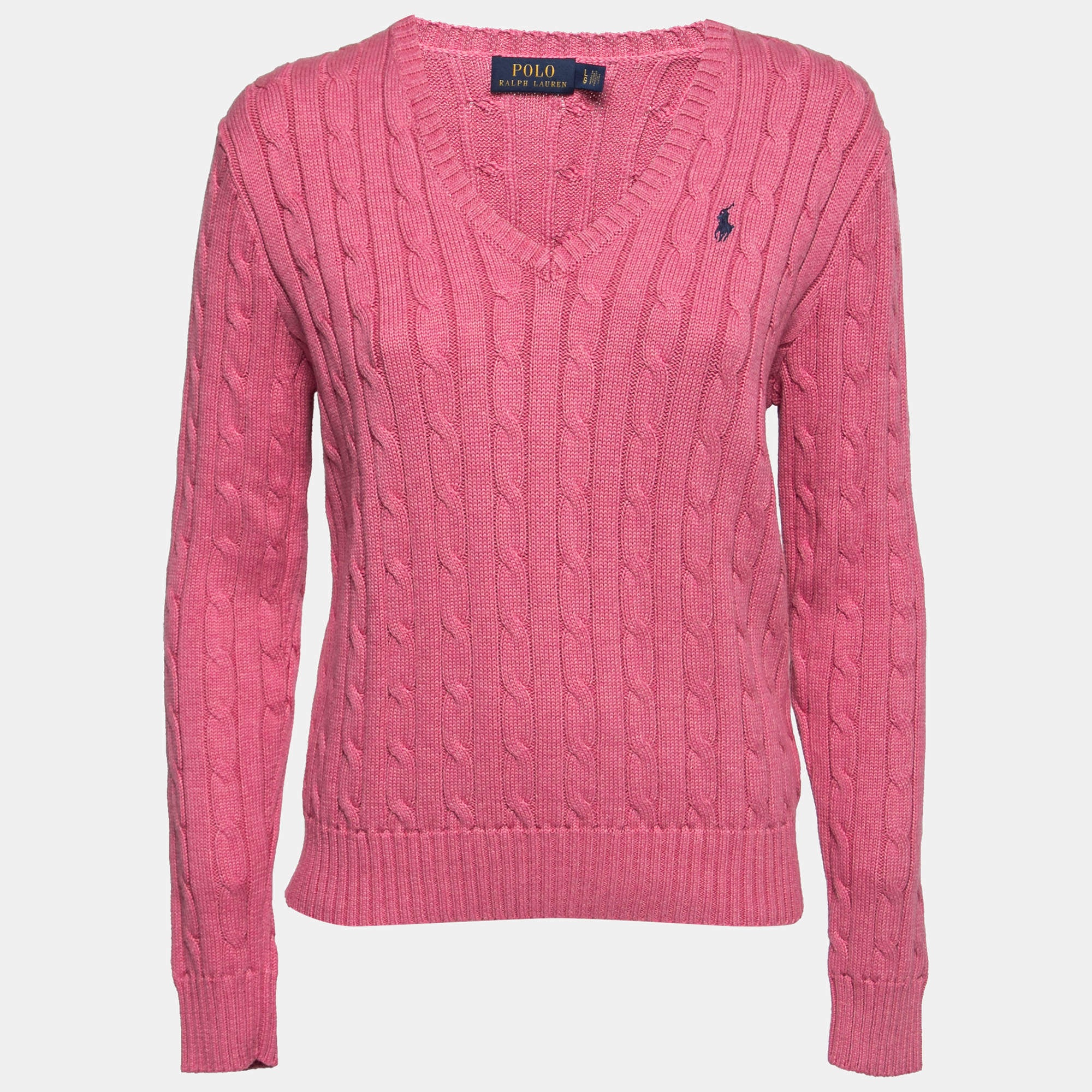 Polo Ralph Lauren Pink Cable Knit V-Neck Sweater L Polo Ralph Lauren | TLC