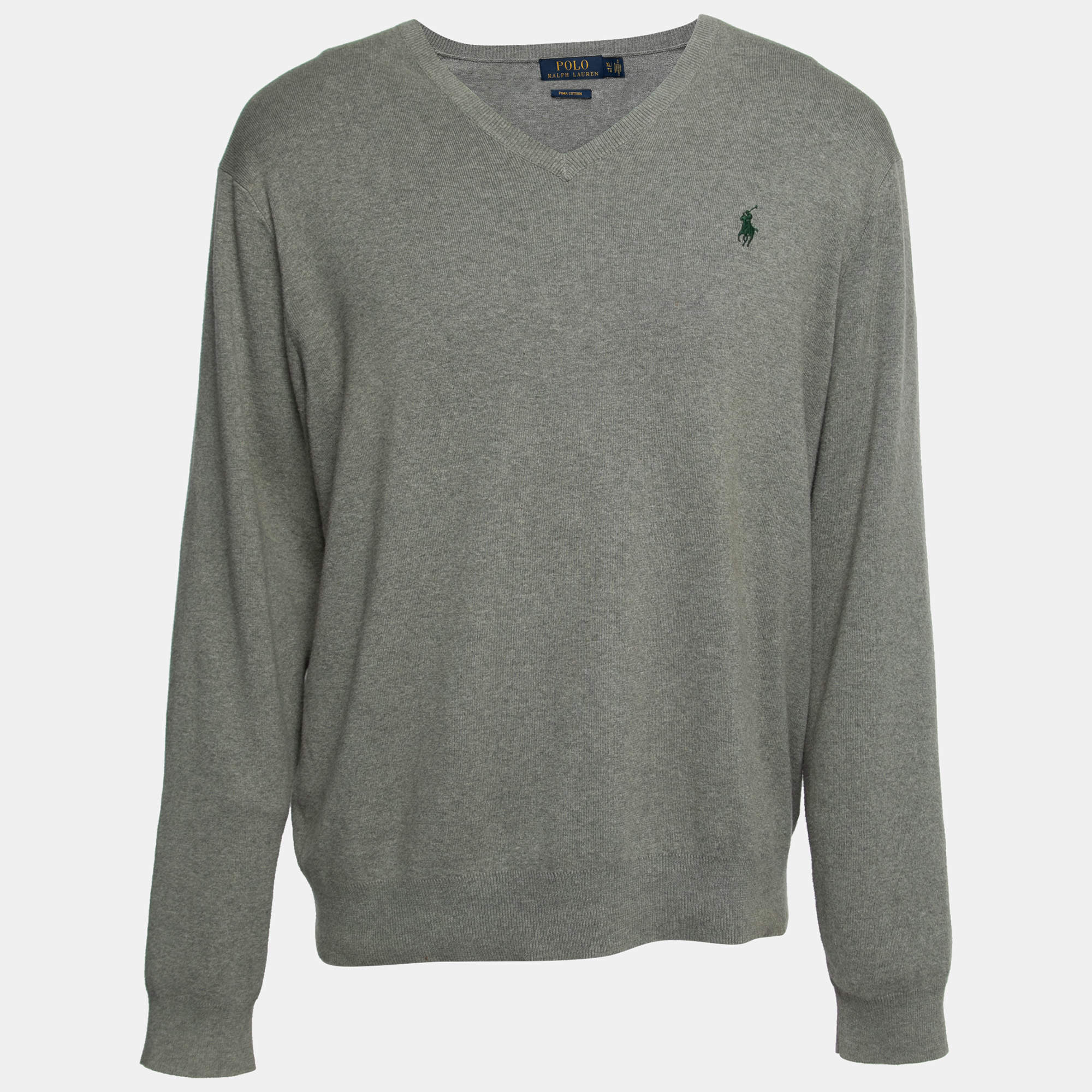 Pre Owned Polo Ralph Lauren Grey Cotton Knit V-Neck Sweater XL