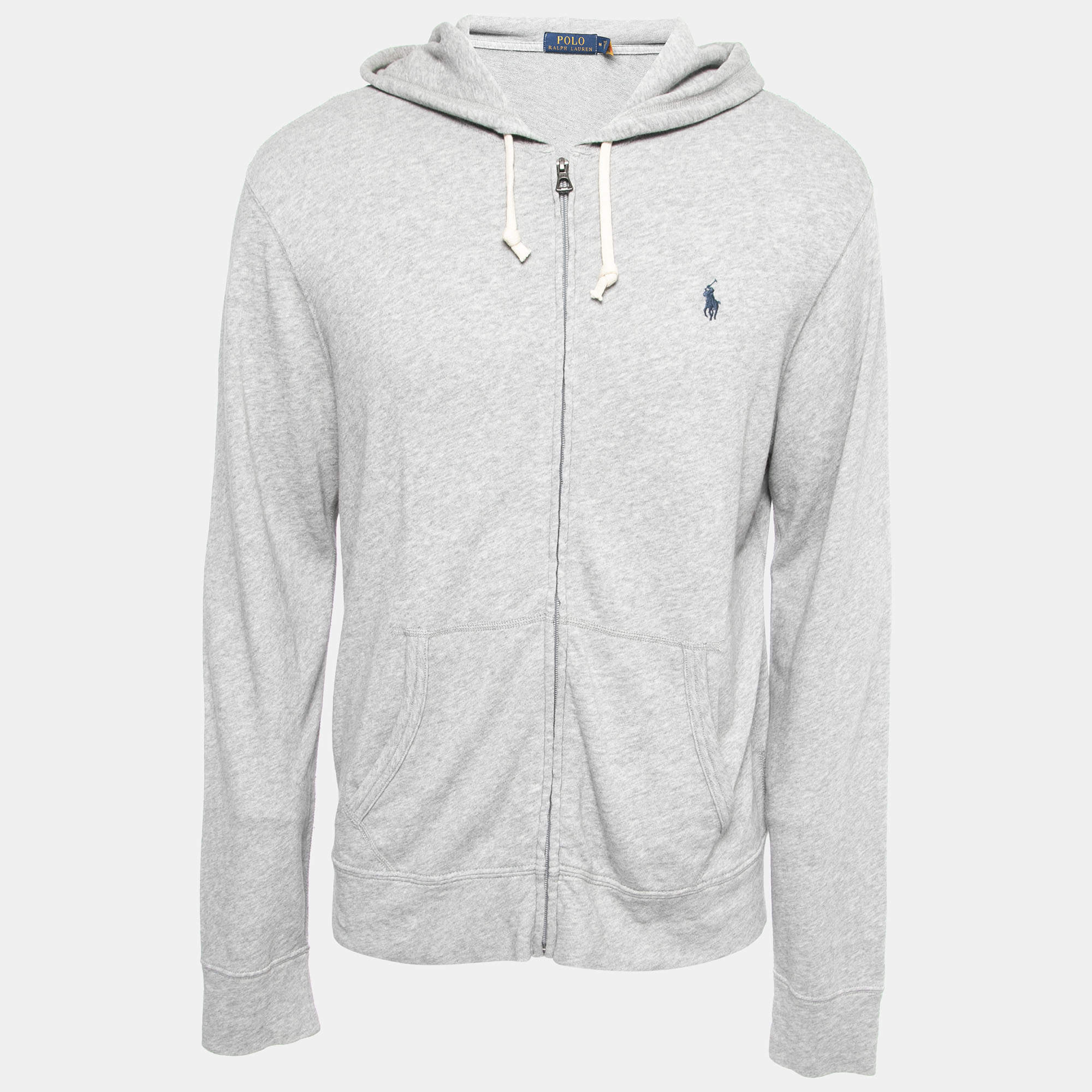 Pre Owned Polo Ralph Lauren Grey Cotton Knit Zip Front Hooded Jacket M