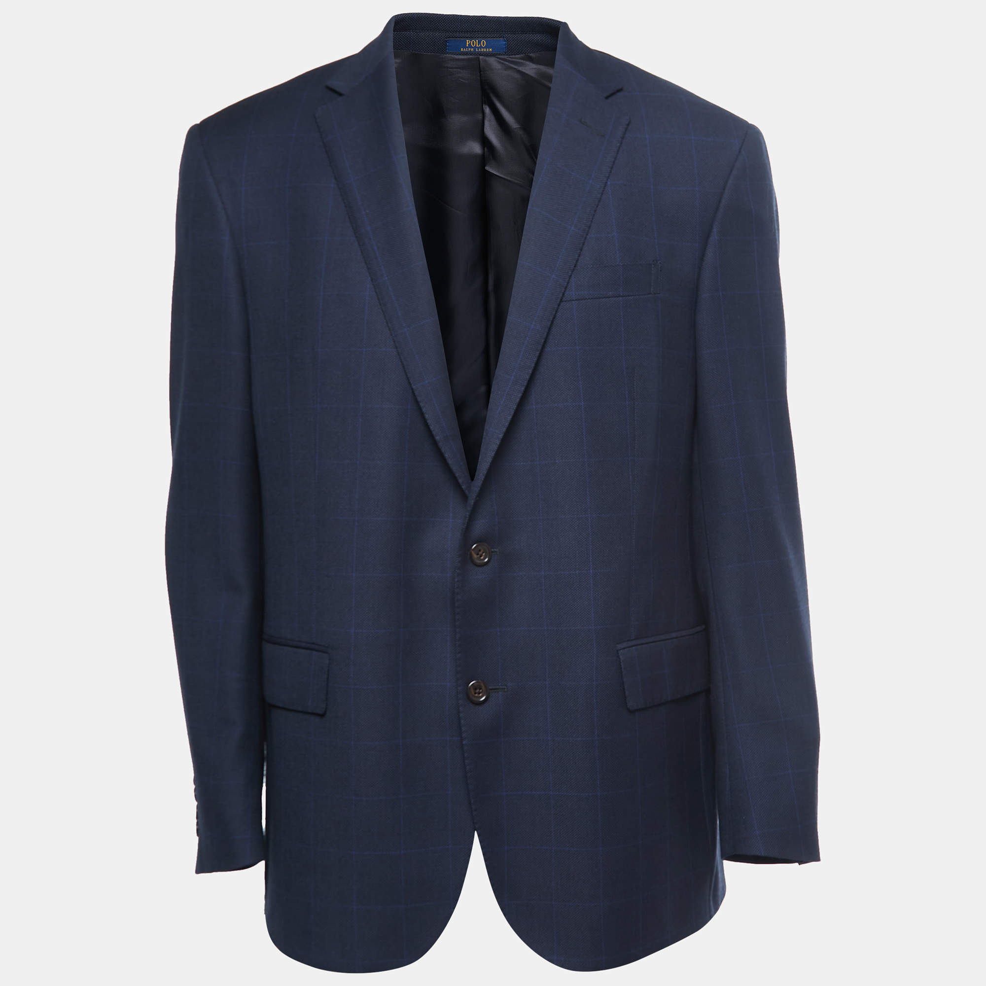 Pre Owned Polo Ralph Lauren Navy Blue Checked Wool Custom Fit Jacket XXL