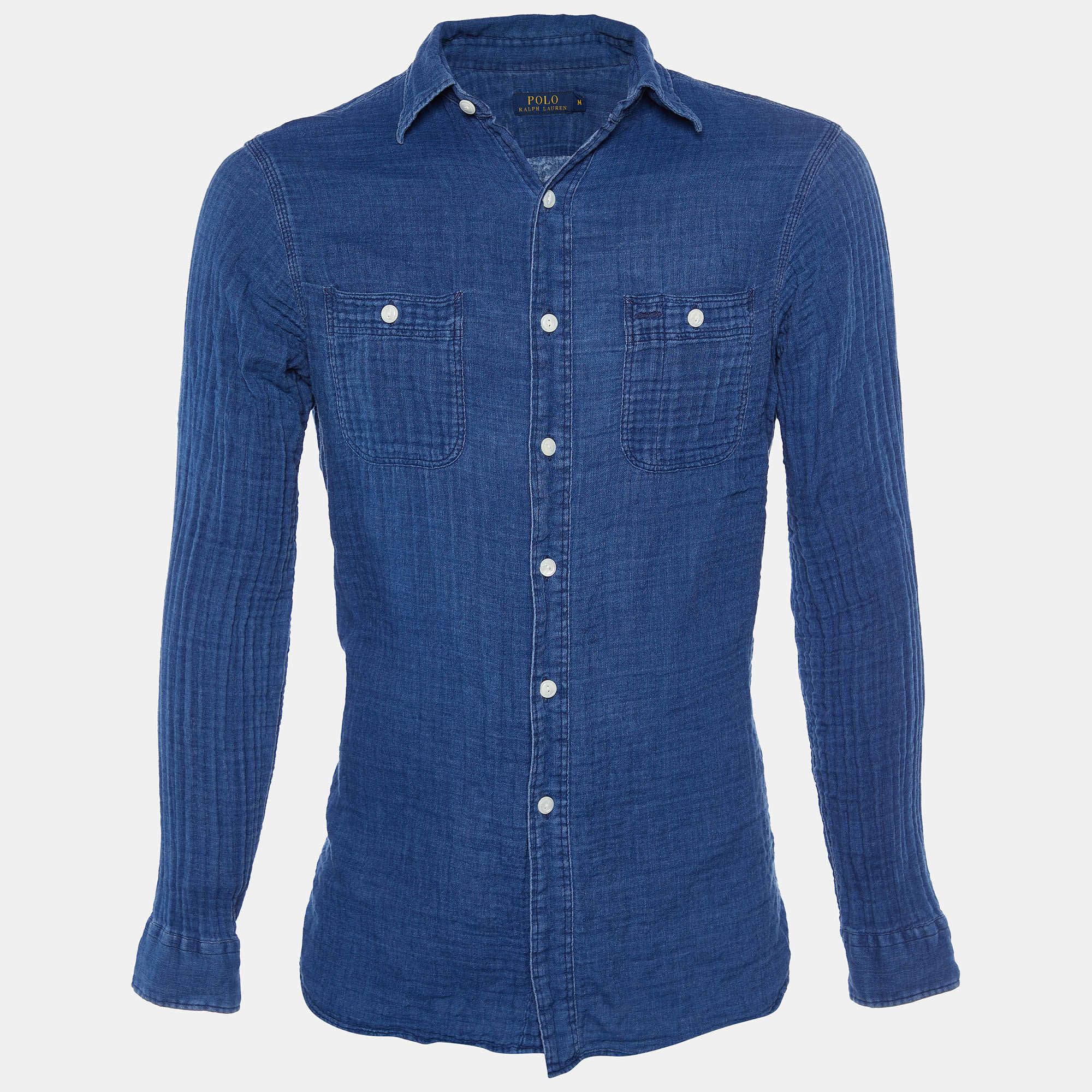 Pre Owned Polo Ralph Lauren Blue Textured Cotton Button Front Shirt M
