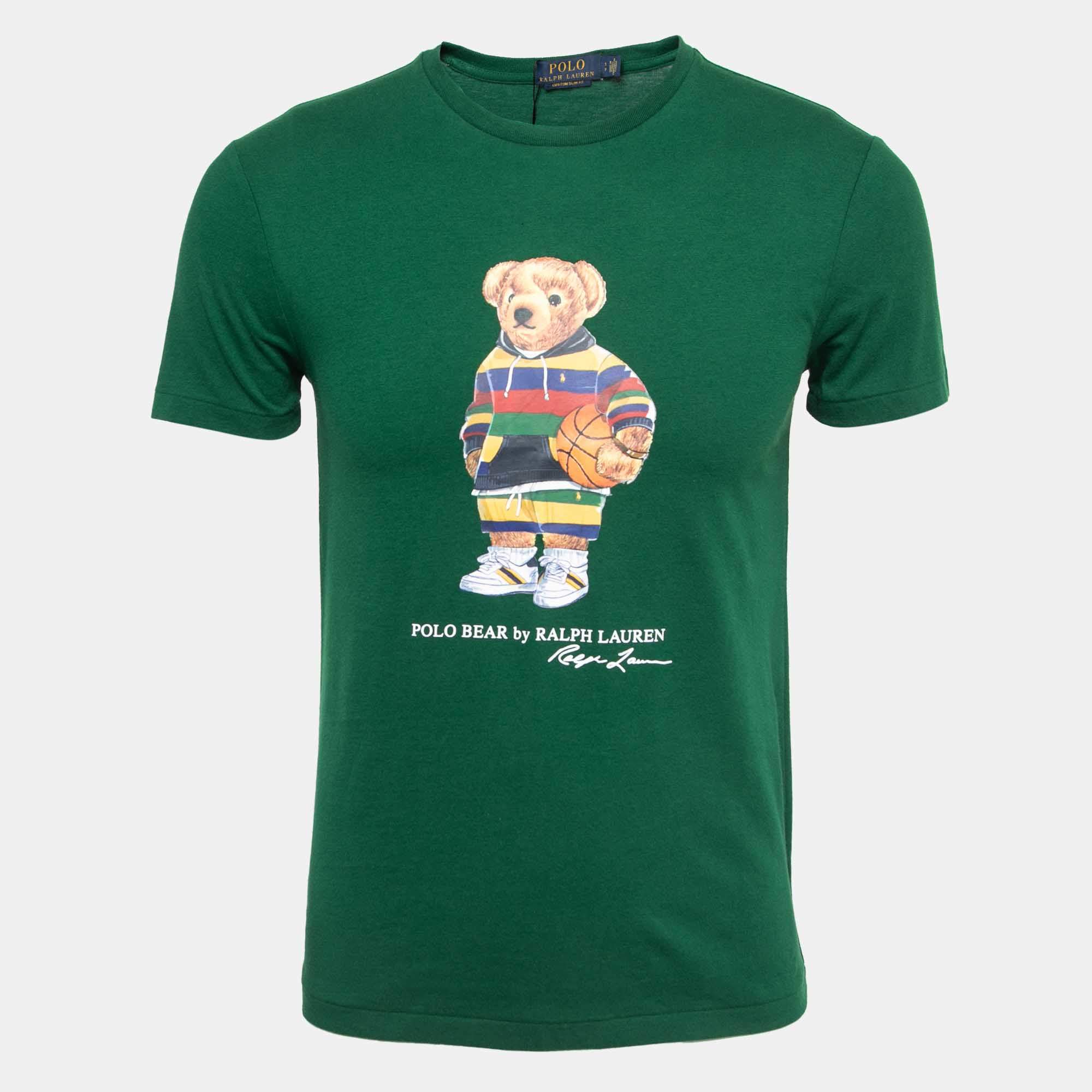 Polo Ralph Lauren Green Polo Bear Print Cotton Half Sleeve T-Shirt S