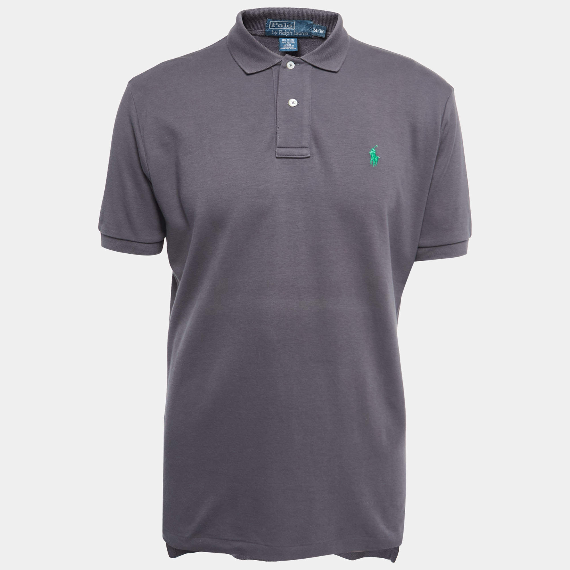 Pre Owned Polo Ralph Lauren Grey Logo Embroidered Cotton Polo T-Shirt M