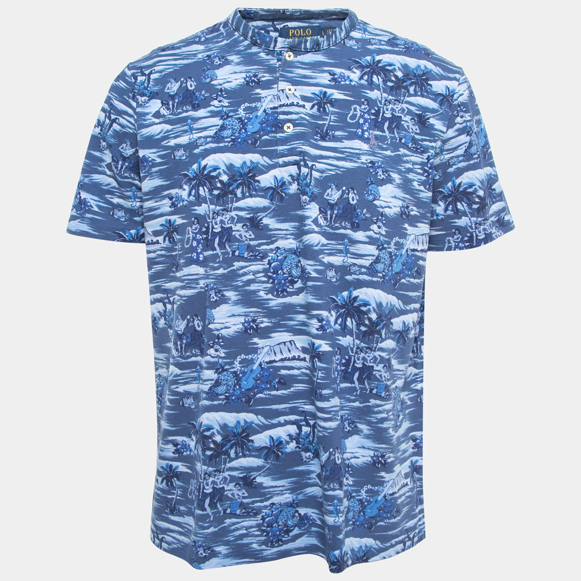 Pre Owned تي شيرت بولو رالف لورين كحلي قطن شبك بدون ياقة مقاس كبير (لارج)