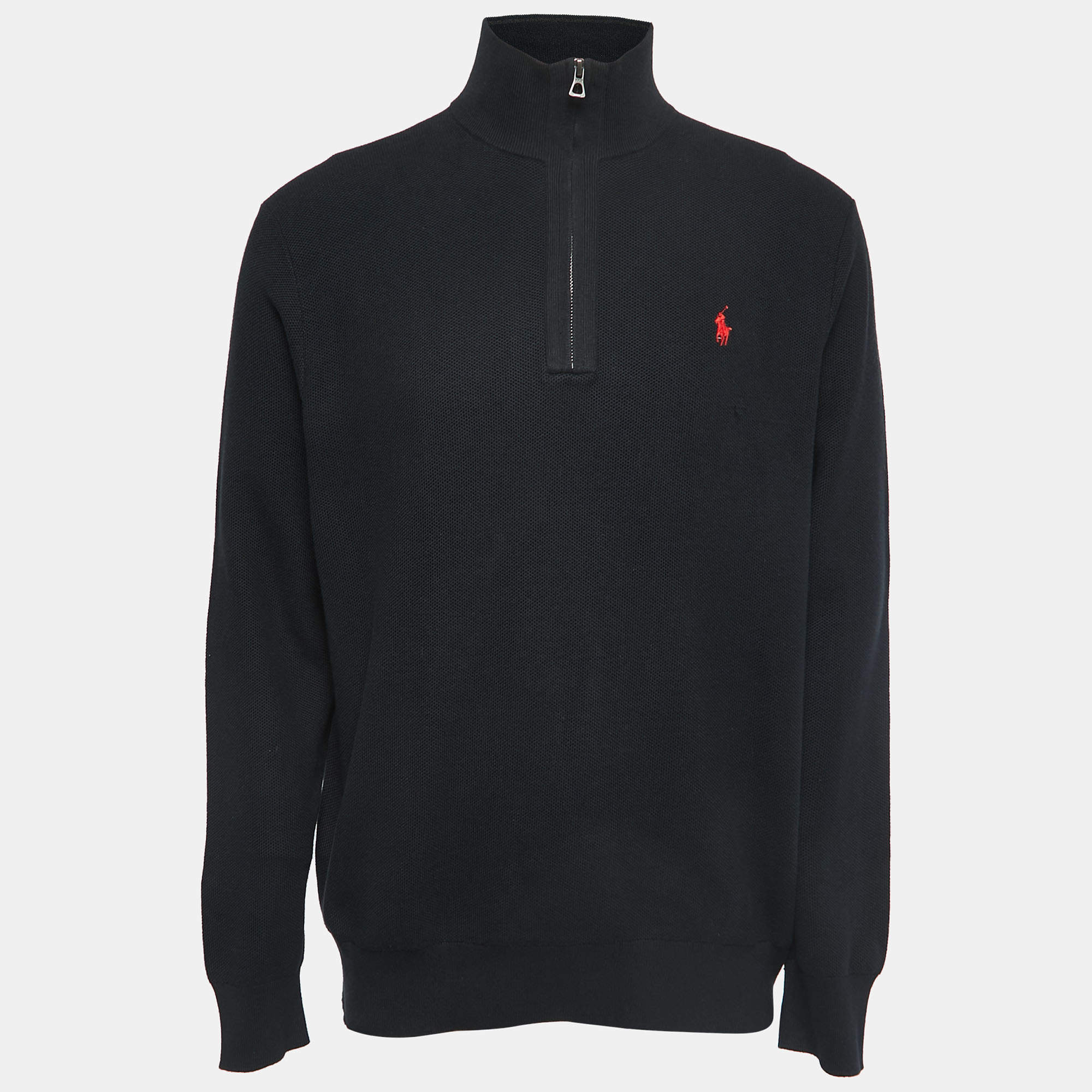 مملوكة مسبقًا Polo Ralph Lauren Black Cotton Knit half Zip Sweater XL