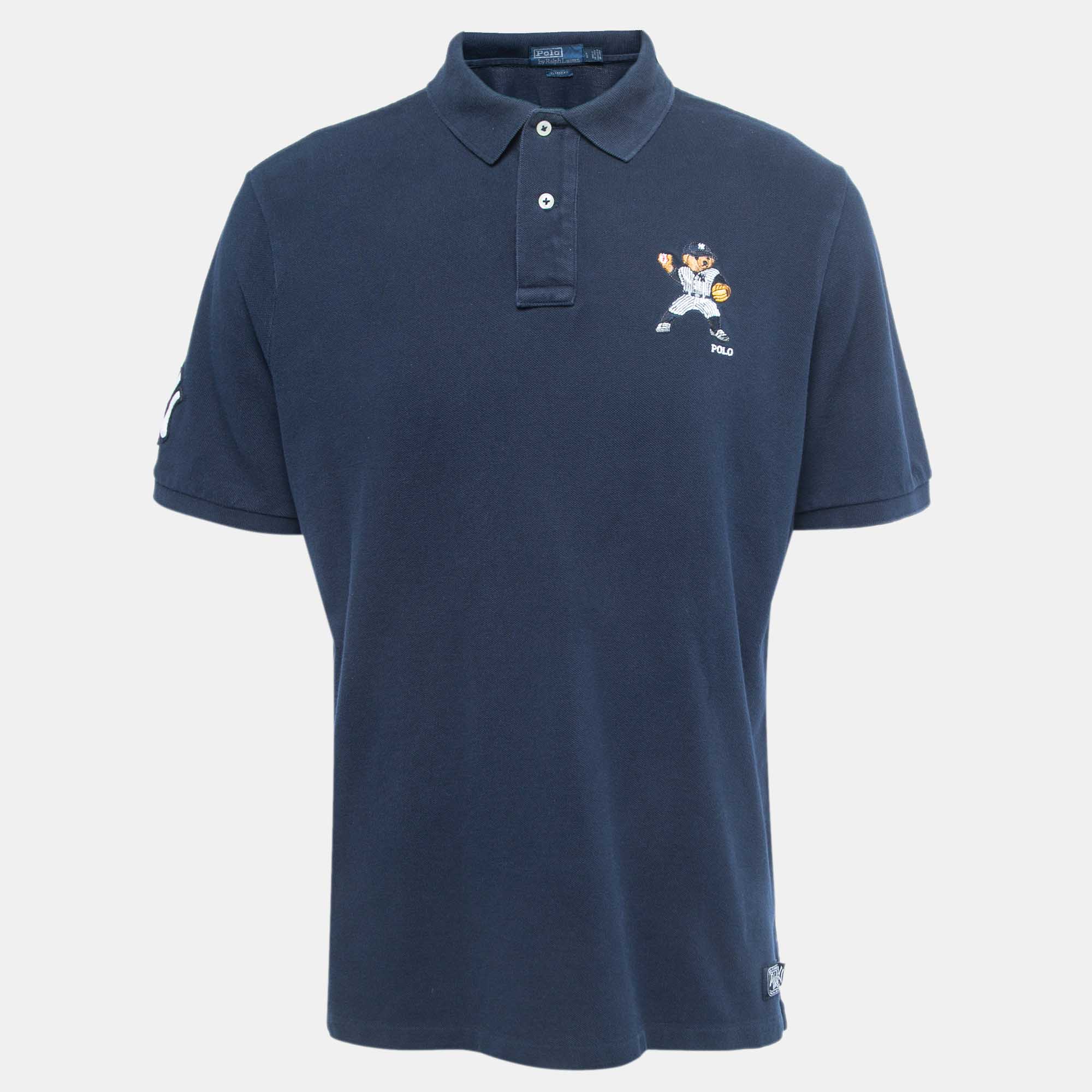 Pre Owned Polo Ralph Lauren Navy Blue Logo Embroidered Cotton Polo T-Shirt L