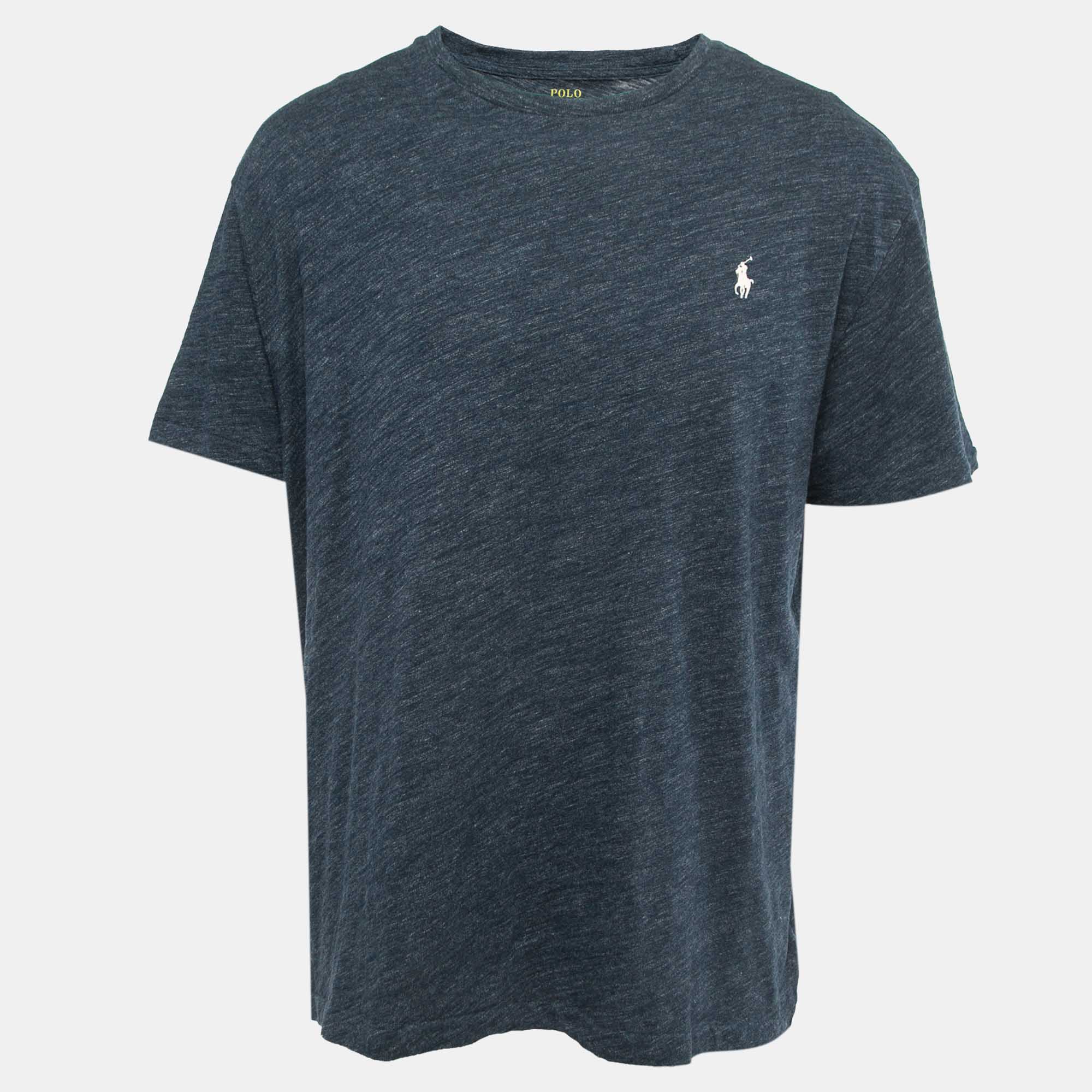 Pre Owned Polo Ralph Lauren Navy Blue Logo Embroidered Cotton Crew Neck T-Shirt XL