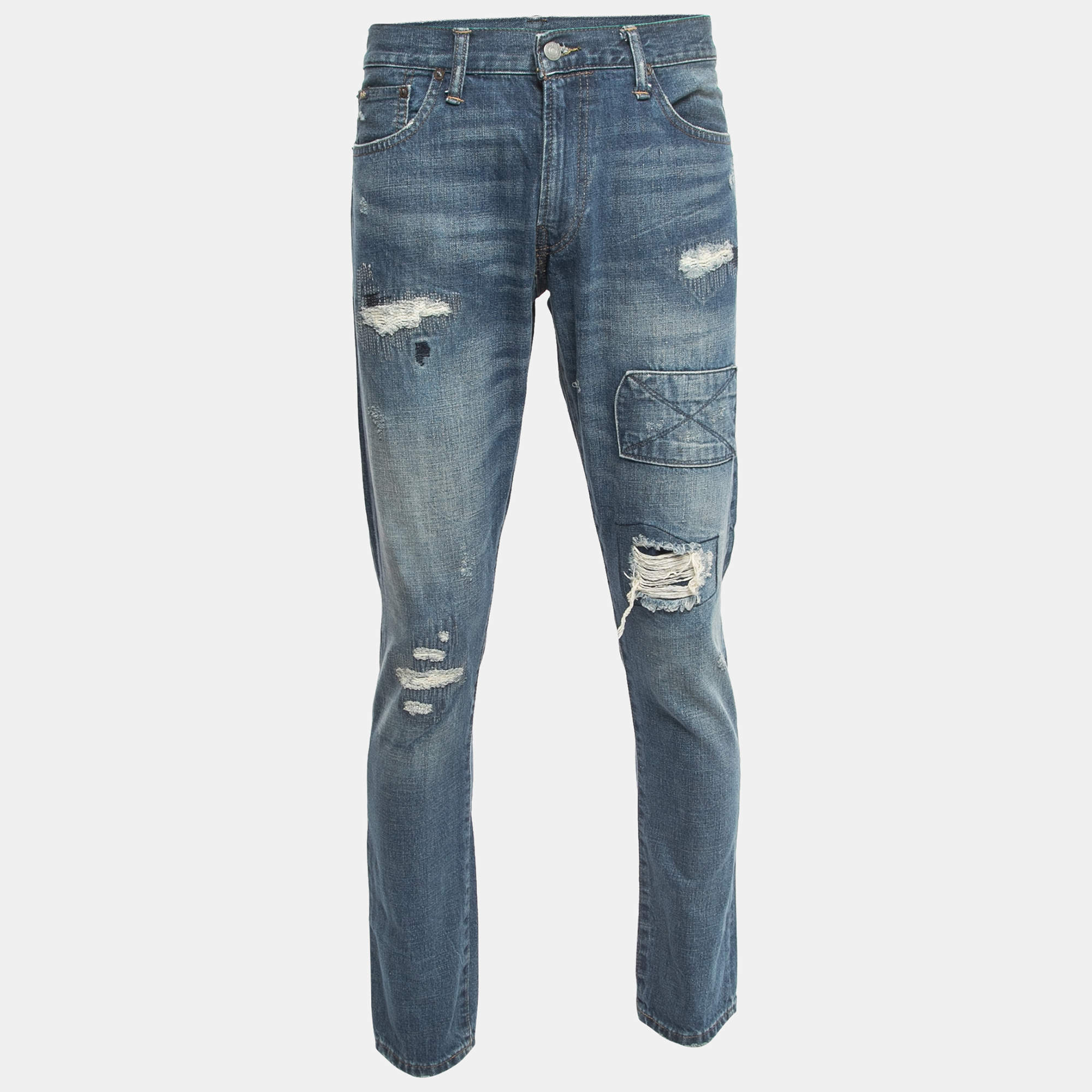 Pre Owned Polo Ralph Lauren Blue Distressed Denim The Sulivan Slim Jeans L Waist 34"