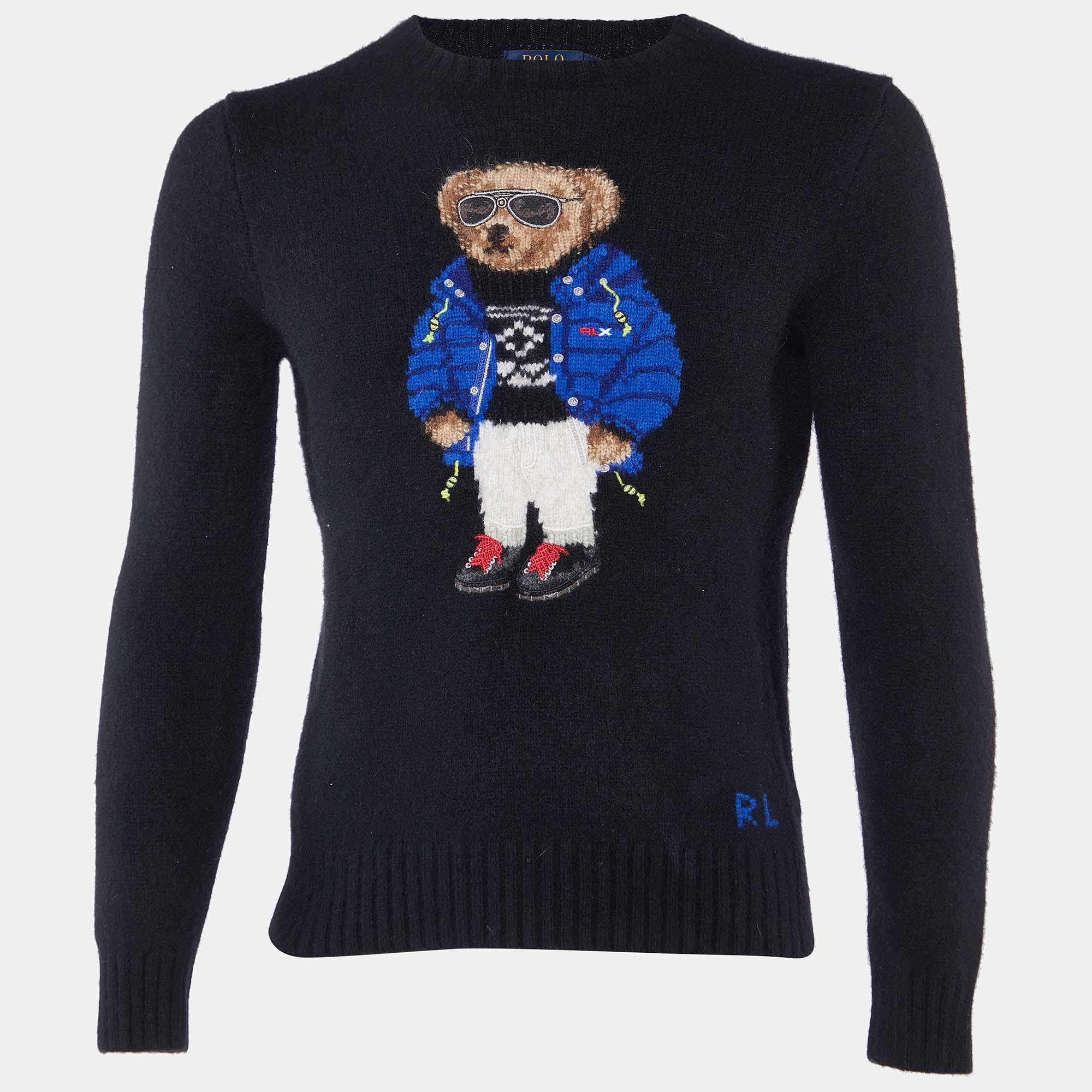 Pre Owned Polo Ralph Lauren Black Bear Intarsia Wool Knit Crew Neck Sweater S
